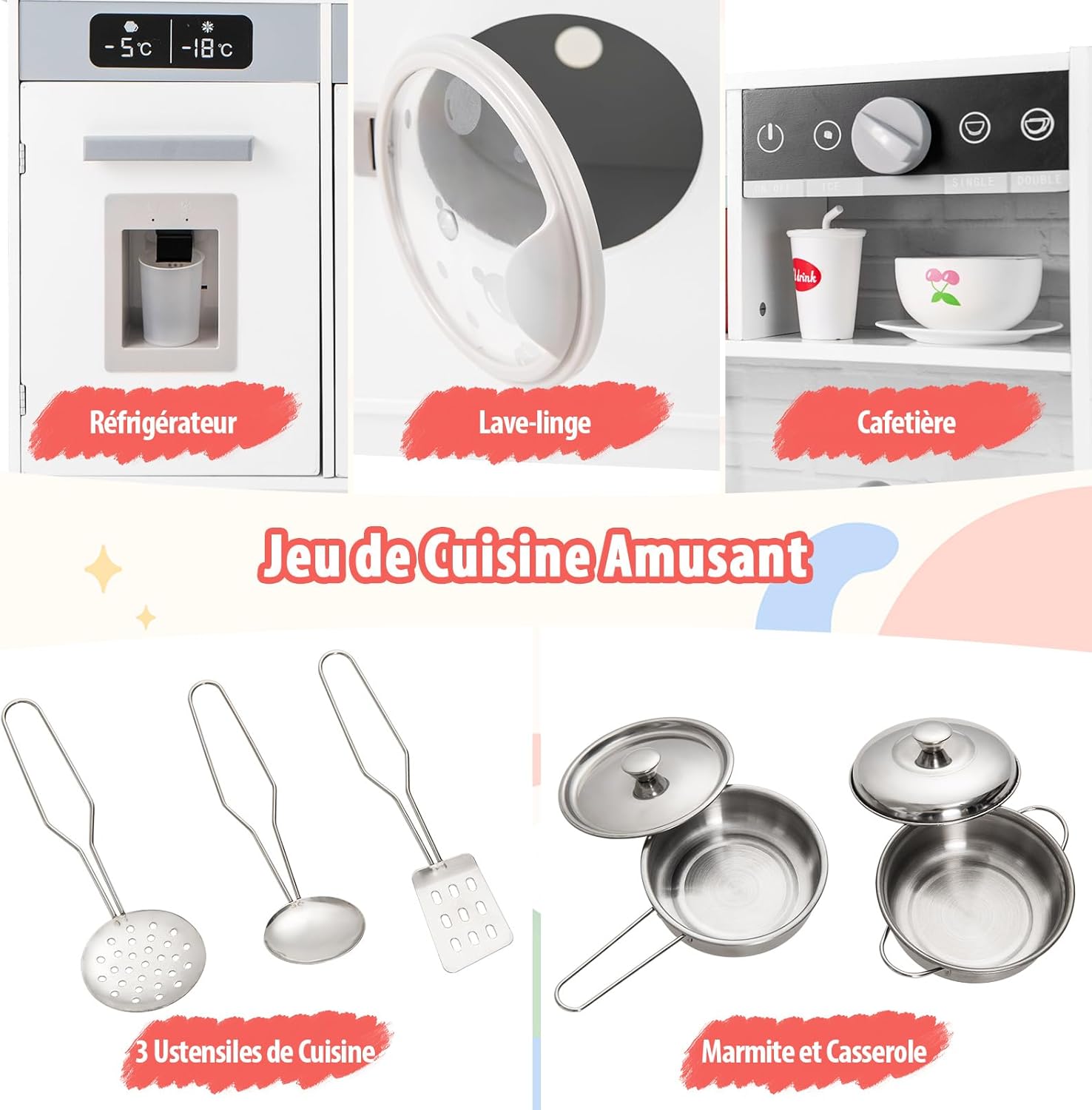 Cuisine Enfant avec Distributeur d’Eau & Machine à Laver, Cuisiniere Enfant avec Lumière & Effet Sonore,Micro-Ondes & Cafetière,Jeu de Cuisine - 6