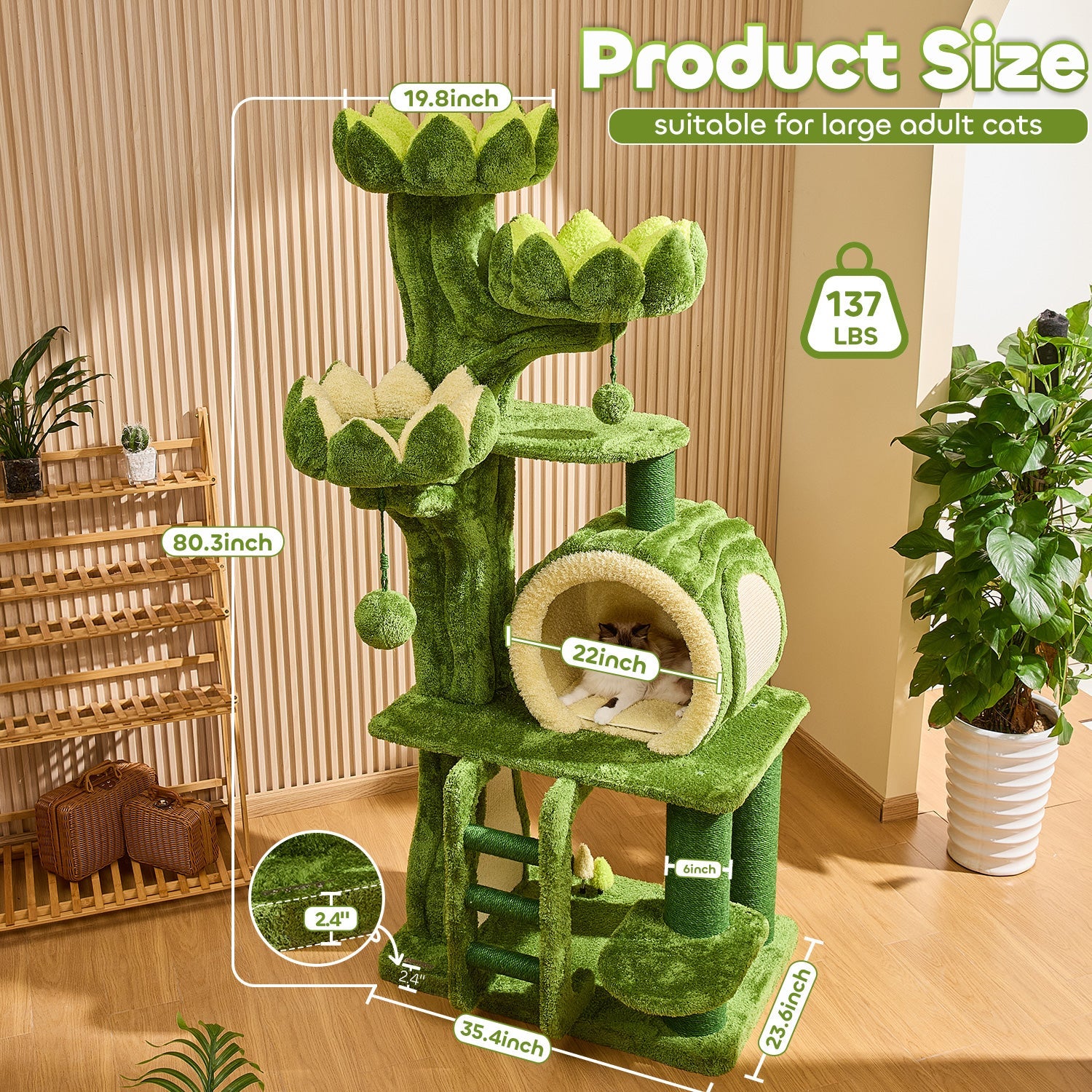 Arbre à chat Lotus de luxe de 204 cm avec 2 mangeoires dissimulées, échelle, niche double face et 2 griffoirs en sisal. - 3