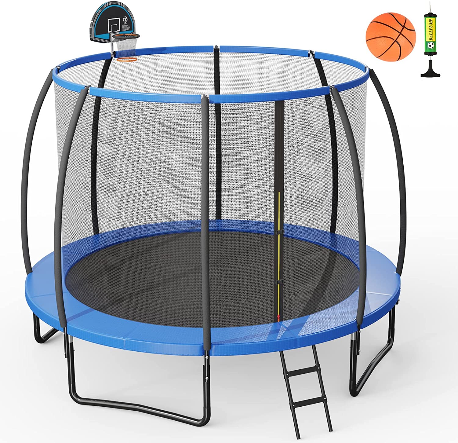 Trampolina ogrodowa Ø 244/305/366 cm, z drabinką, certyfikat GS, kompletny zestaw z piłką do koszykówki, matą do skakania, (średnica 305 cm)