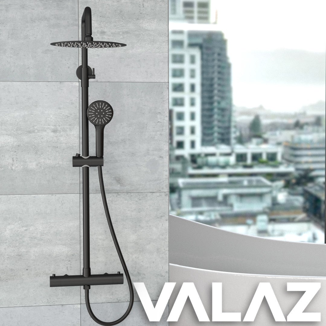 Valaz Barre de douche thermostatique ronde réglable jusqu'à 120 cm noir mat - Série Ebro - 25 cm - 3