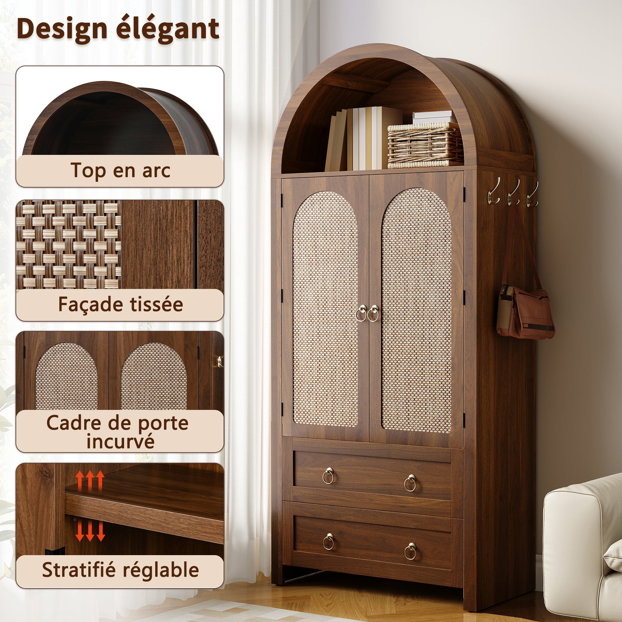 Buffet vintage en osier de style voûté à double tiroir - Meuble de rangement pour salon et chambre - 80x40x180cm - couleur bois naturel - 6