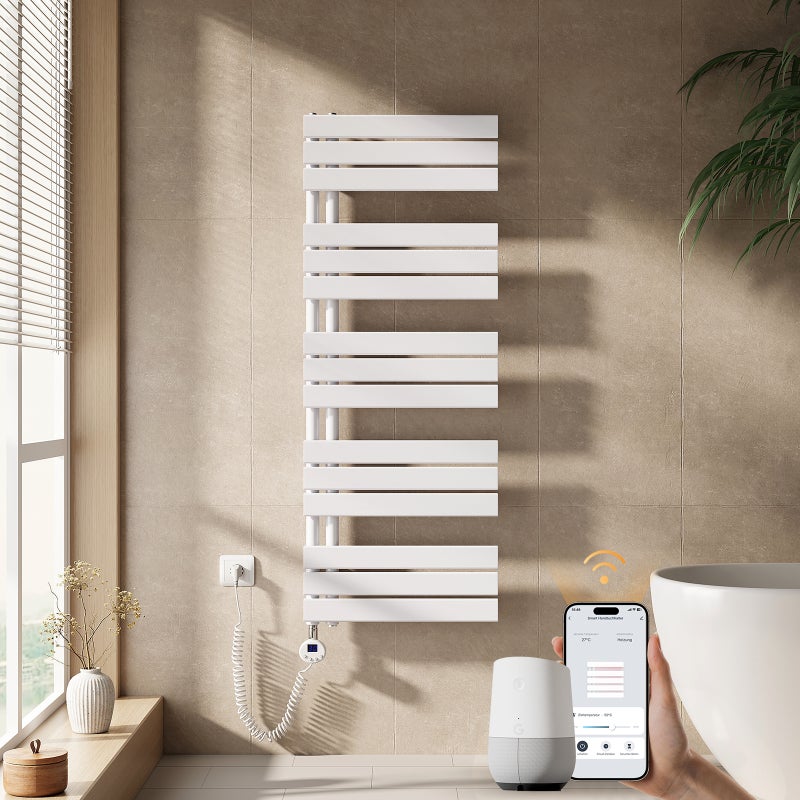 EMKE Grzejnik elektryczny łazienkowy 132x50cm - Inteligentne Sterowanie z Programatorem Tygodniowym w Aplikacji - 800W - Biały