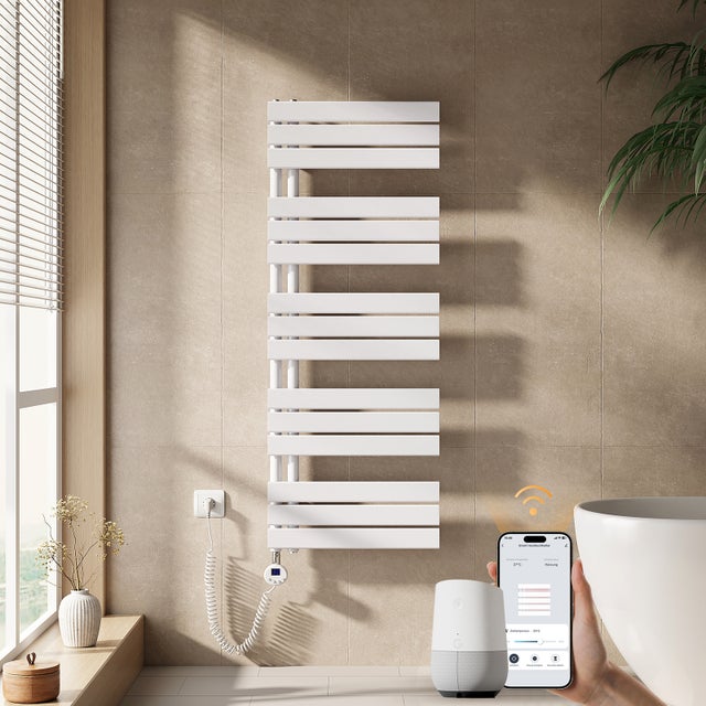 EMKE Grzejnik elektryczny łazienkowy 132x50cm - Inteligentne Sterowanie z Programatorem Tygodniowym w Aplikacji - 800W - Biały