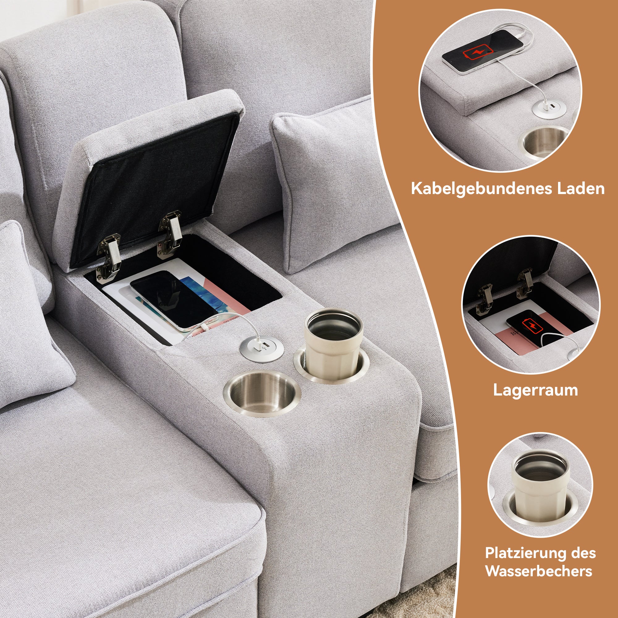 Canapé Droit Convertible D'angle 3-4 Places Avec Rangement, Prise Usb Et Tablette Latérale - Velours Côtelé - Beige