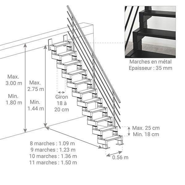 Escalier droit métal 11 marches - Hauteur à franchir 2,44 à 3,00m - Largeur 56cm - Hauteur réglable - M-MINI/I/SNMNOI-11 - 2