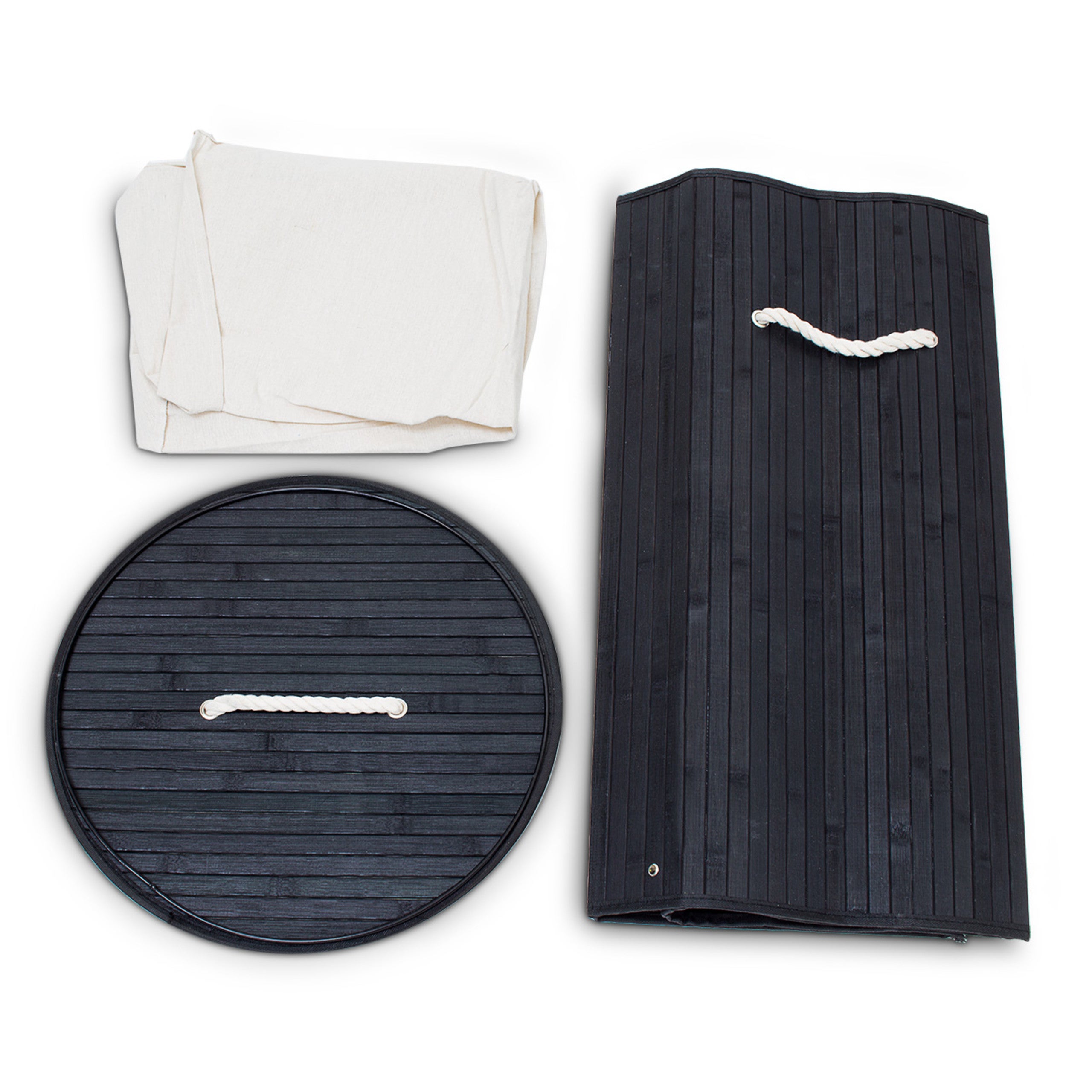 3x Panier à linge bambou, corbeille linge pliante, 70 L, sac intérieur coton, 65 x 49,5 x 37 cm, noir - 7