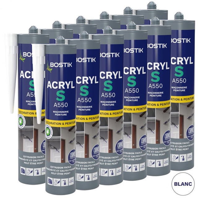Lot de 12 Mastics d'étanchéité ACRYL S A550 310ml (Blanc, Gris ou Brun) BOSTIK - Couleur: Blanc