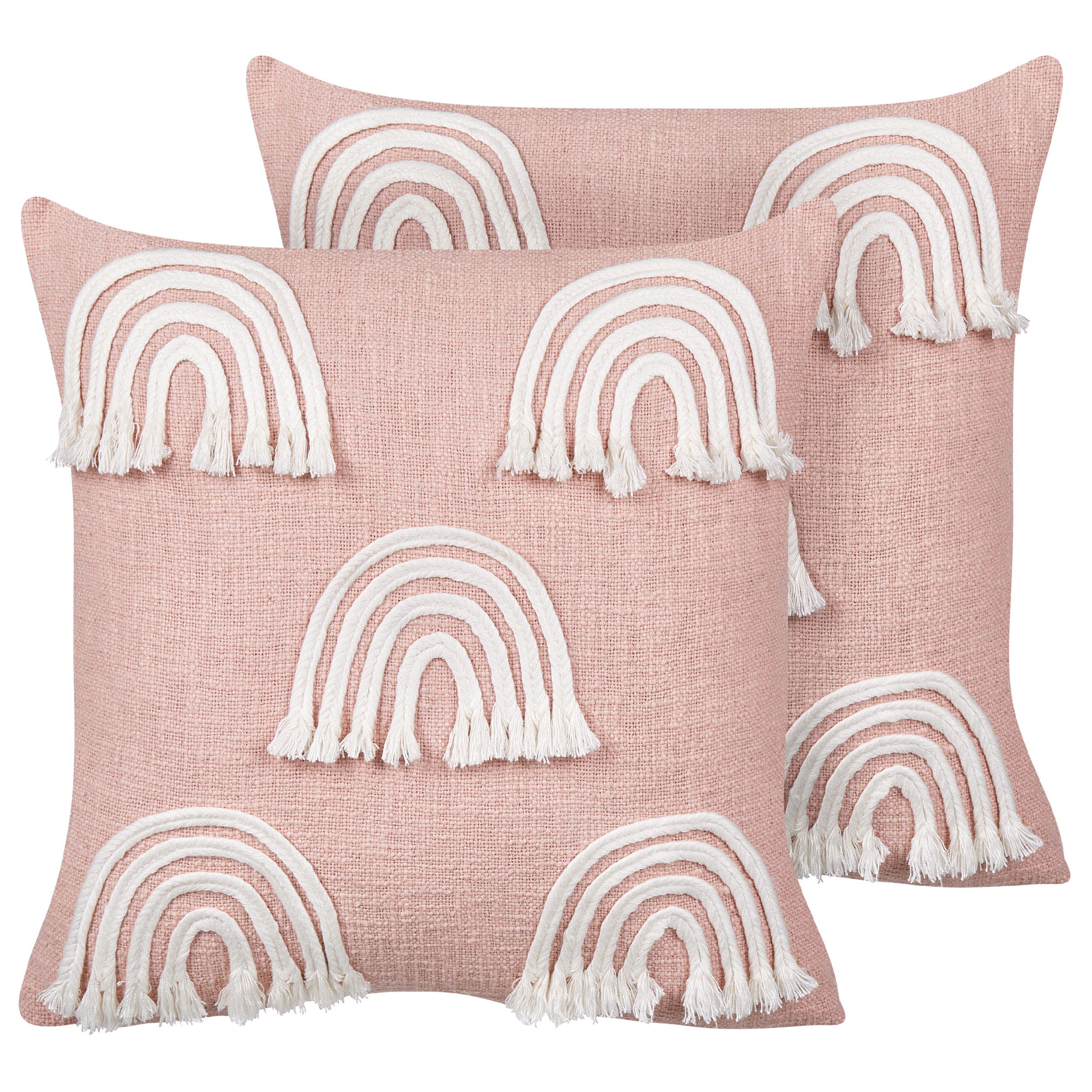 Beliani conjunto de 2 cojines de algodón rosa con bordado de arco iris 45 x 45 cm leea