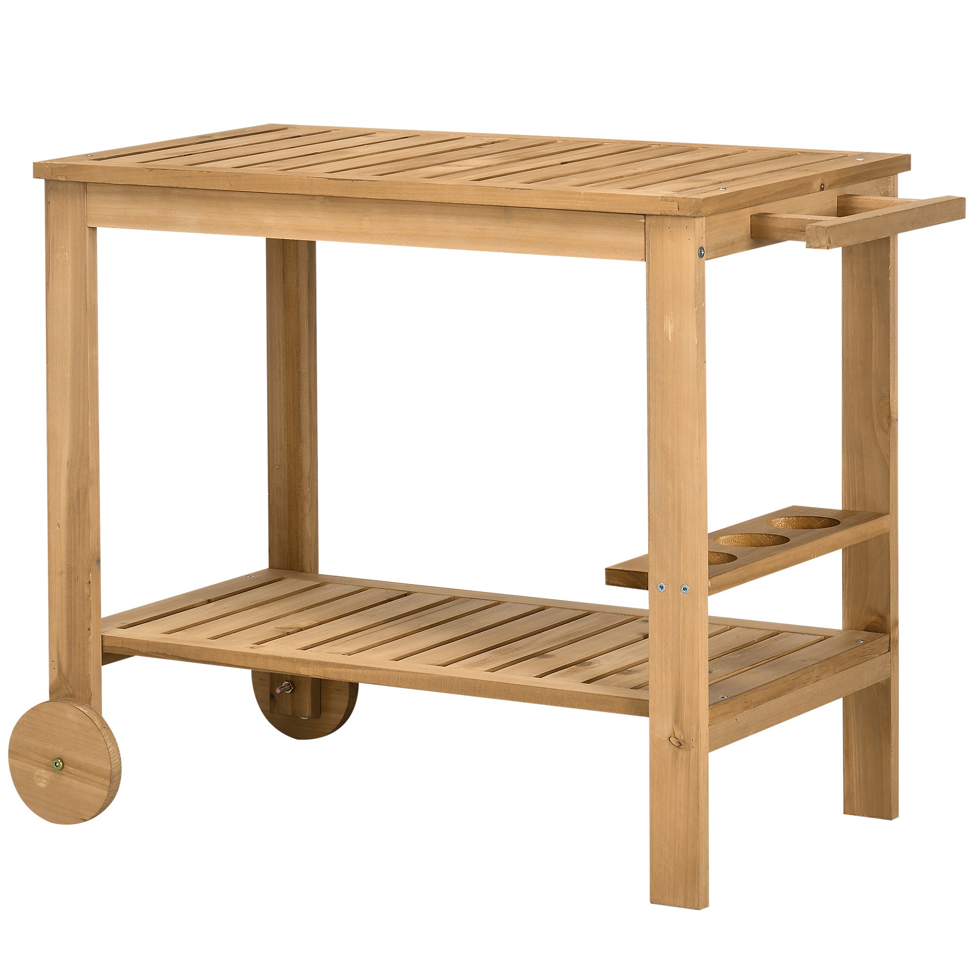 Desserte de jardin chariot pour plancha barbecue en bois avec poignée 2 plateaux et porte-bouteilles 95 x 47 x 74 cm - 2