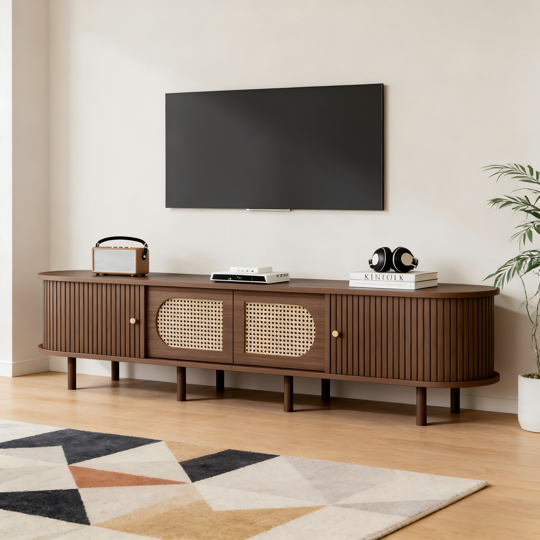 Meble TV 180x40x40 cm - Design z rattanu - 4 drzwi - MDF - Dla telewizorów do 80 cali - Brązowy