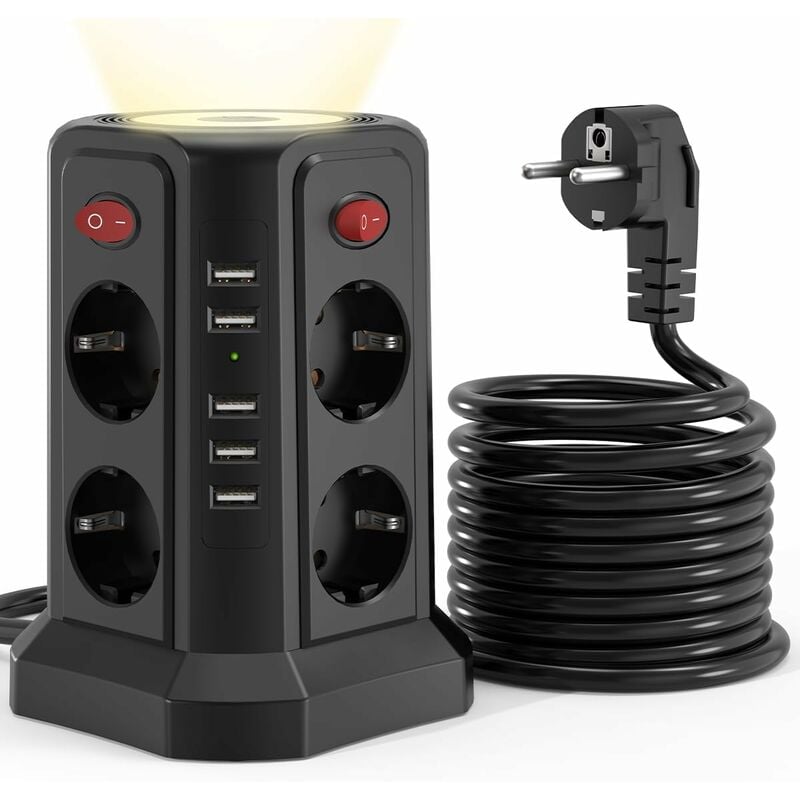 Listwa zasilająca Tower, zabezpieczenie przeciwprzepięciowe z 8 gniazdami, 4 indywidualnymi przełącznikami i 5 portami USB; wiele gniazd z przełączni