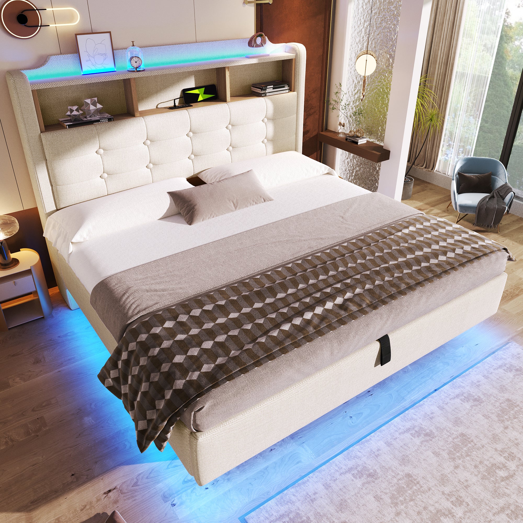 Łóżko tapicerowane ze schowkiem 140x200 cm - z oświetleniem LED - wyposażone w interfejs USB + Typ-C - tkanina lniana - beż - 2