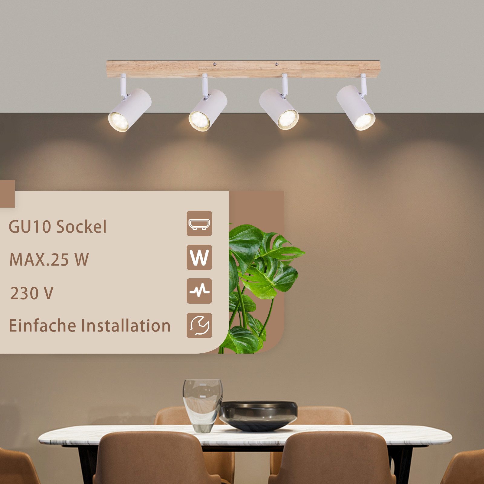 NETTLIFE Foco de techo 4 focos Lámpara de techo de madera blanca GU10 Vintage orientable 350° - 7
