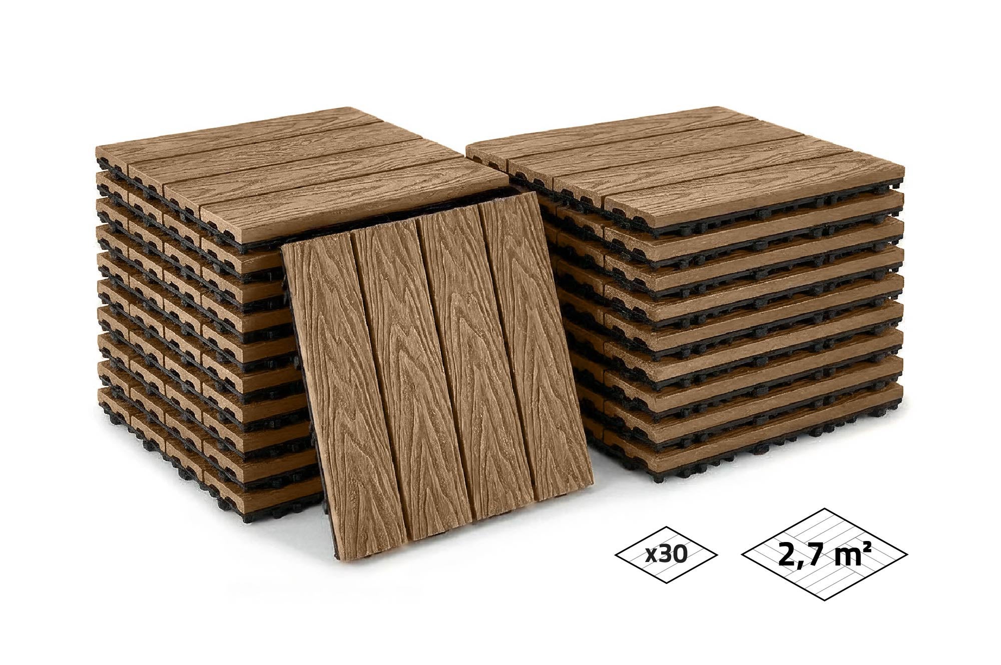 Lote de 30 losetas de terraza encajables de composite jura teca, 30 x 30 cm