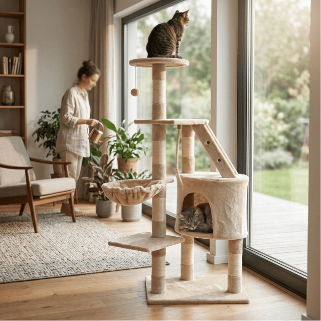 Drapak dla kota domek legowisko drabinka zabawki sizalowe słupki 120 cm Funfit beżowy