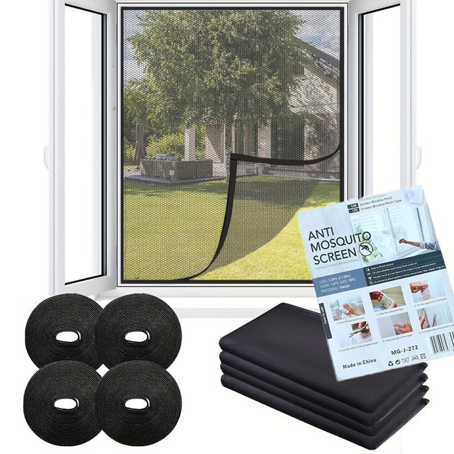 Mosquitera de poliéster de 4 piezas, 1,5 x 1,8 m, mosquitera para ventana, no requiere taladrar, fácil de instalar, con velcro, color negro.
