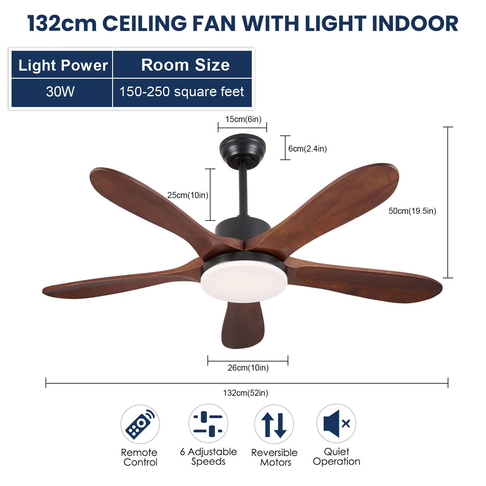 Ventilateur de plafond LED intelligent 52 pouces effet bois avec 6 vitesses, contrôle APP et télécommande, variateur LED 110-240V - 3
