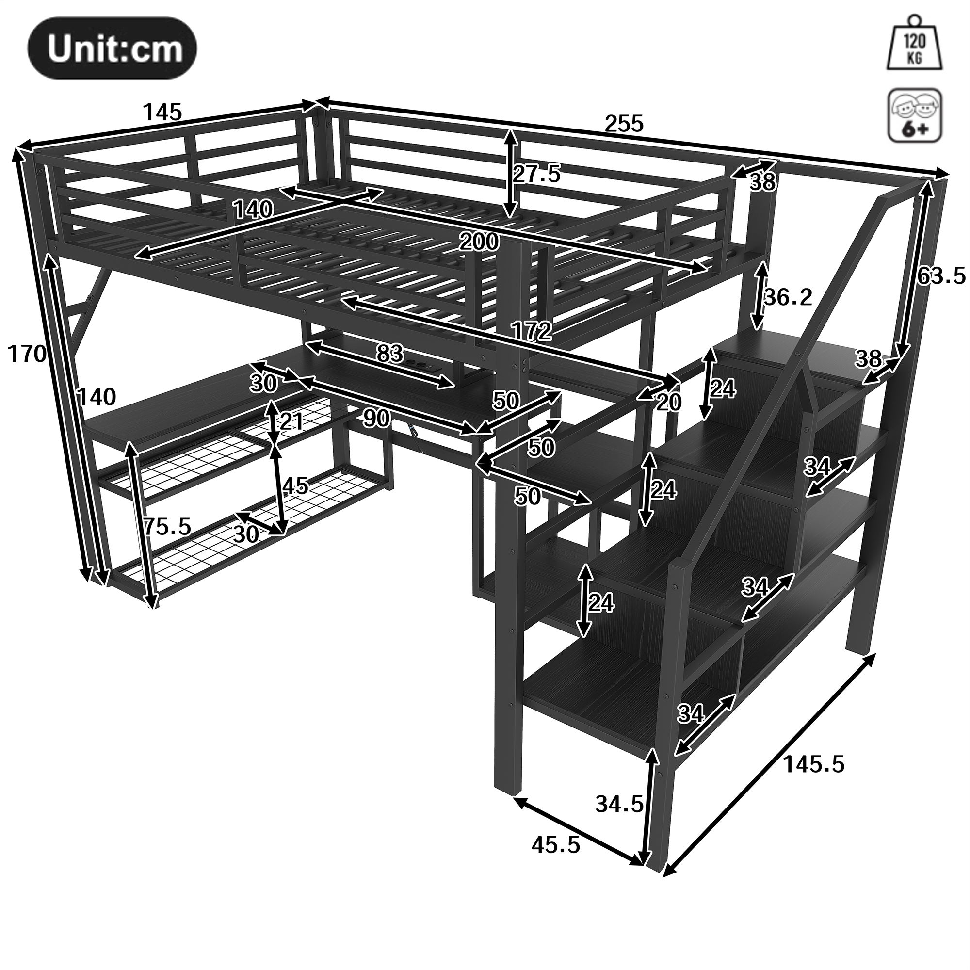 Lit mezzanine 140 x 200 cm avec LED et port USB et bureau, rangements et escalier avec stockage, garde-corps sécurité, sans matelas, Noir - 5