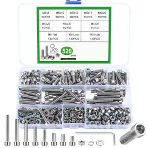 Boîte 270Pcs M3 M4 M5 Vis Boulon Acier Inox Tête Plate Hexagone