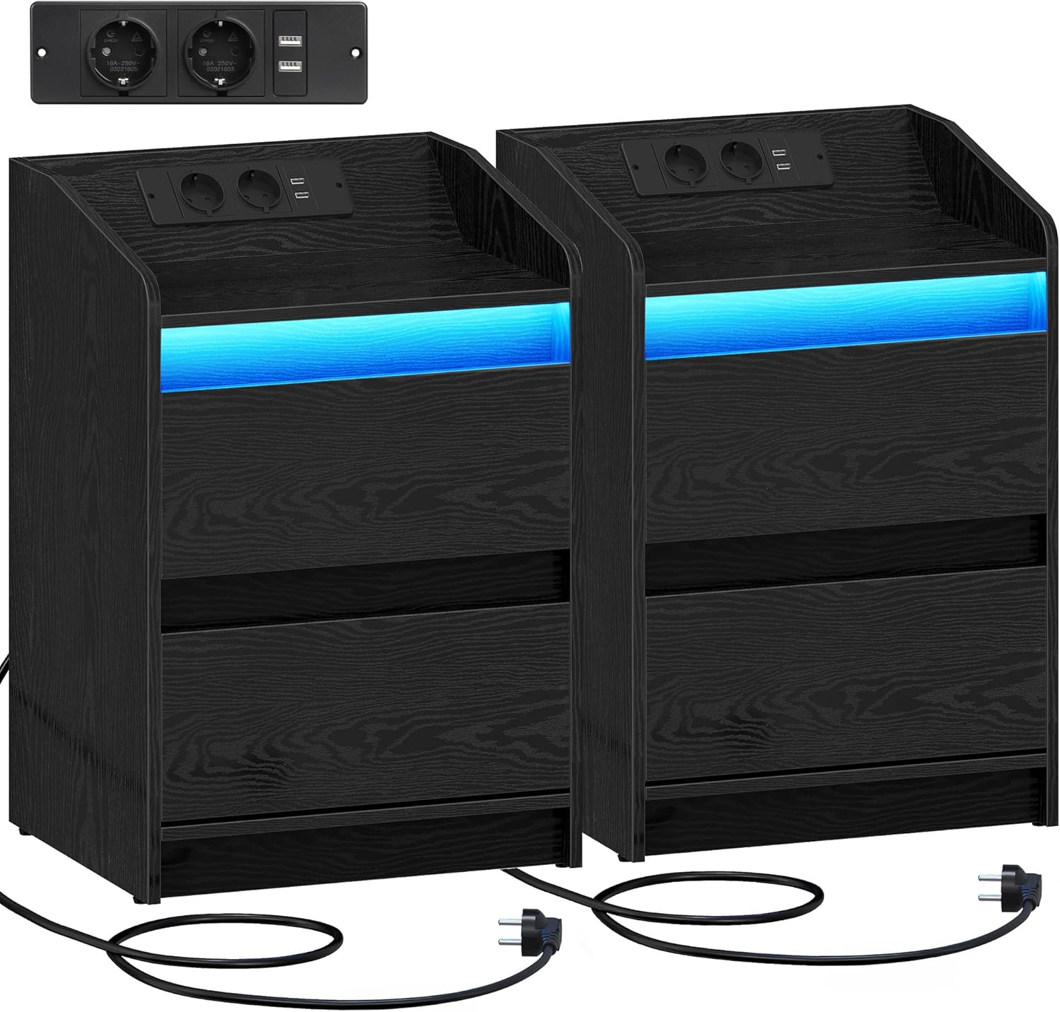 Stolik Nocny z oświetleniem LED, szafka nocna ze stacją ładującą i 2 szufladami, szafka nocna z portami USB i gniazdami zasilania, (Czarny, 2er Set)