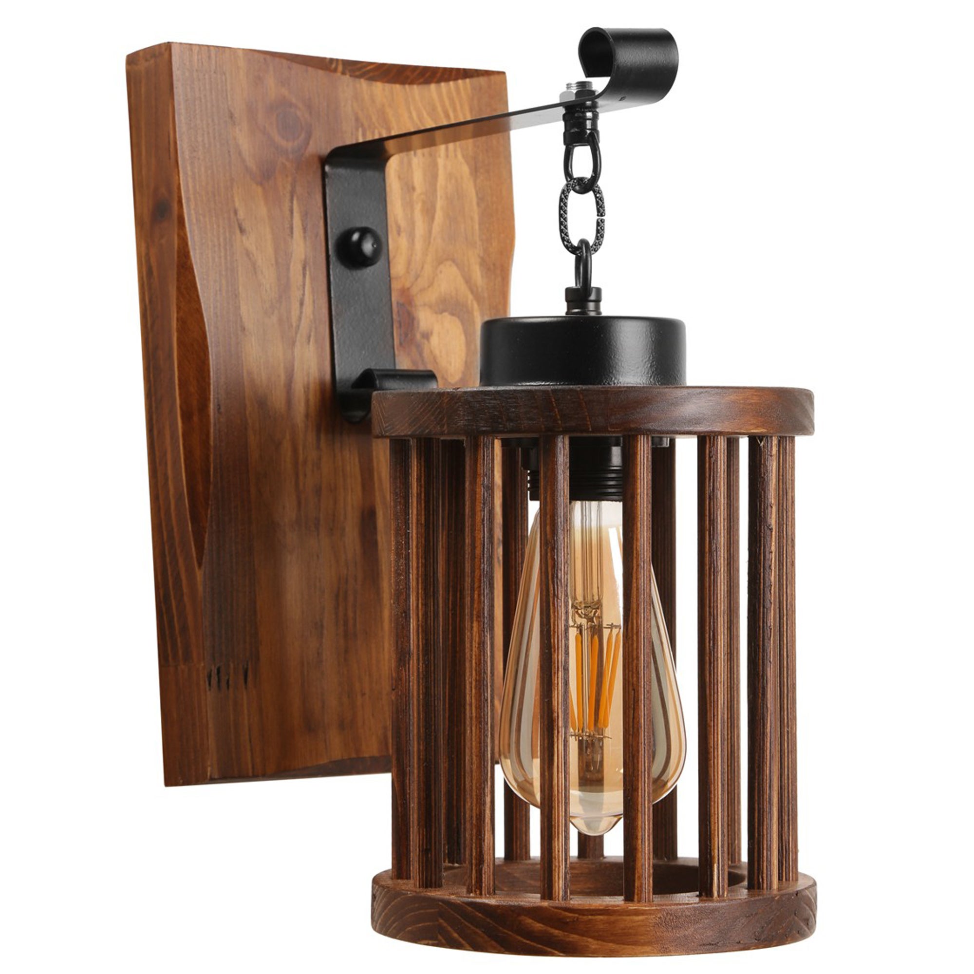 Applique Koyoto, Lampe Murale En Métal/bois/verre En Noir/naturel/ambre,design Rétro/vintage Avec Abat-jour En Verre ( 15 Cm) Et Interrupteur