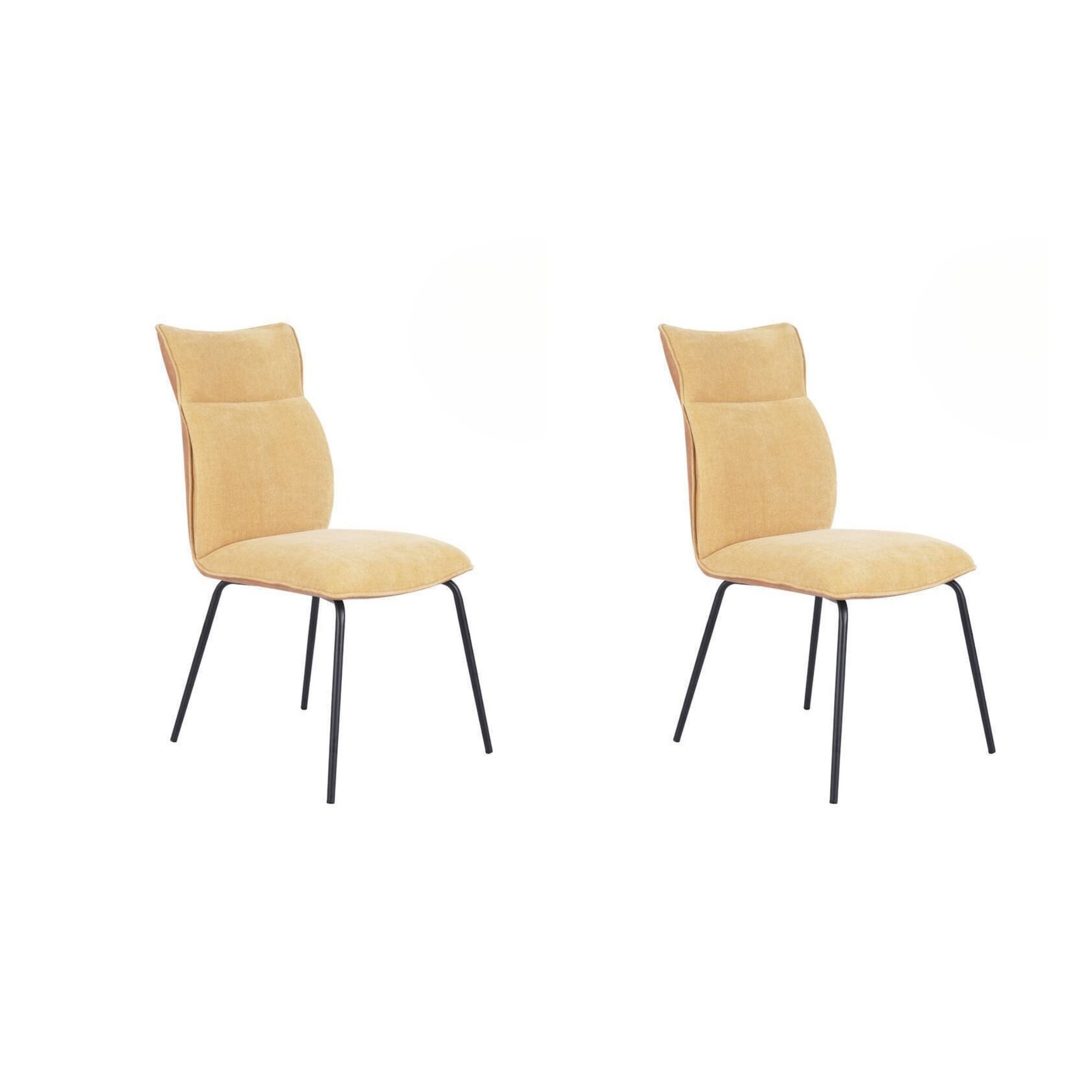 Pakiet 2 krzeseł tapicerowanych musztardową tkaniną z czarnymi nogami, ergonomicznym i wyściełanym siedzeniem oraz oparciem, wymiary 65x46x95 cm