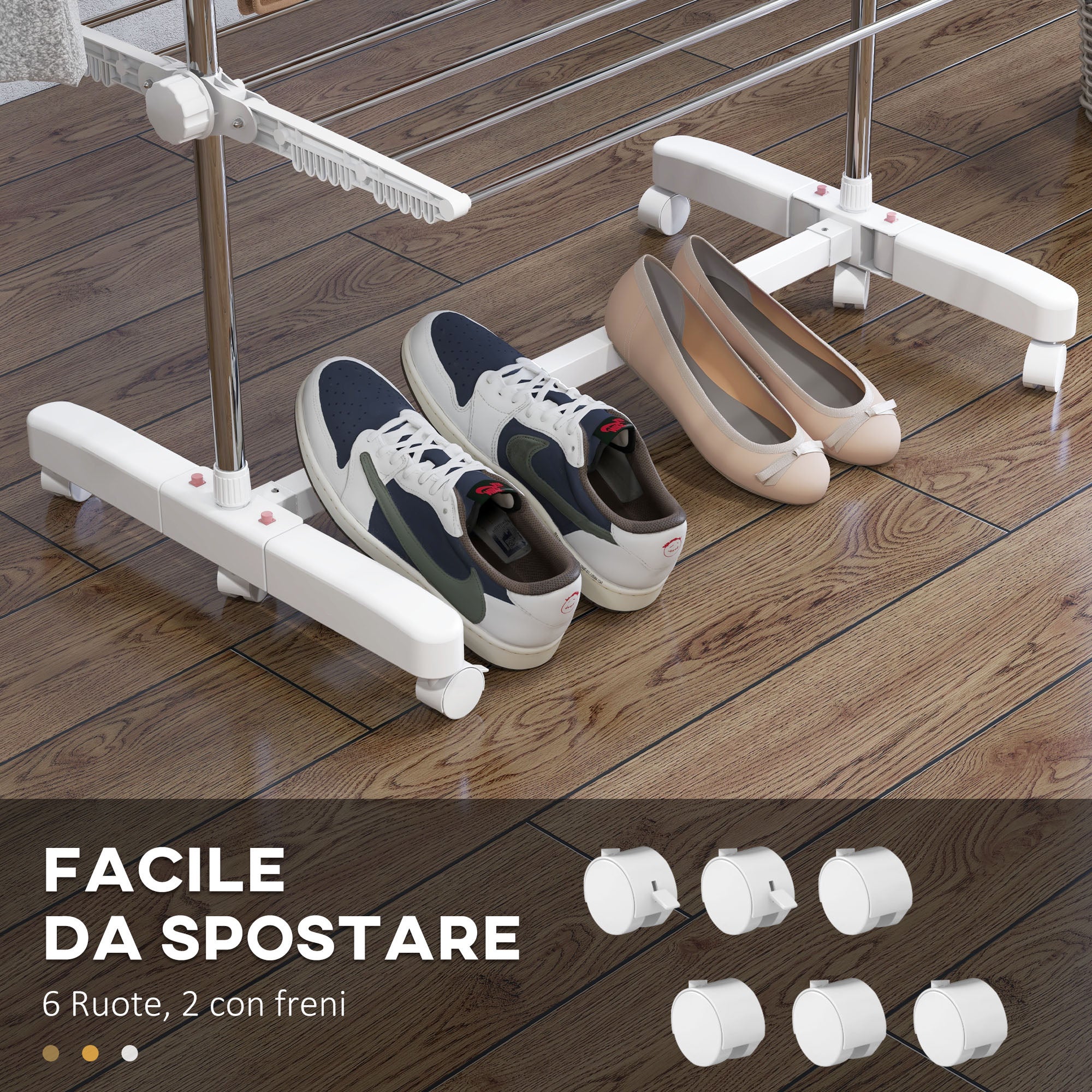 Étendoir à linge pliable en acier inoxydable et plastique,tour de séchage,avec 6 roulettes,crochets et 4 étagères réglables pour une ,142x55x172cm - 8