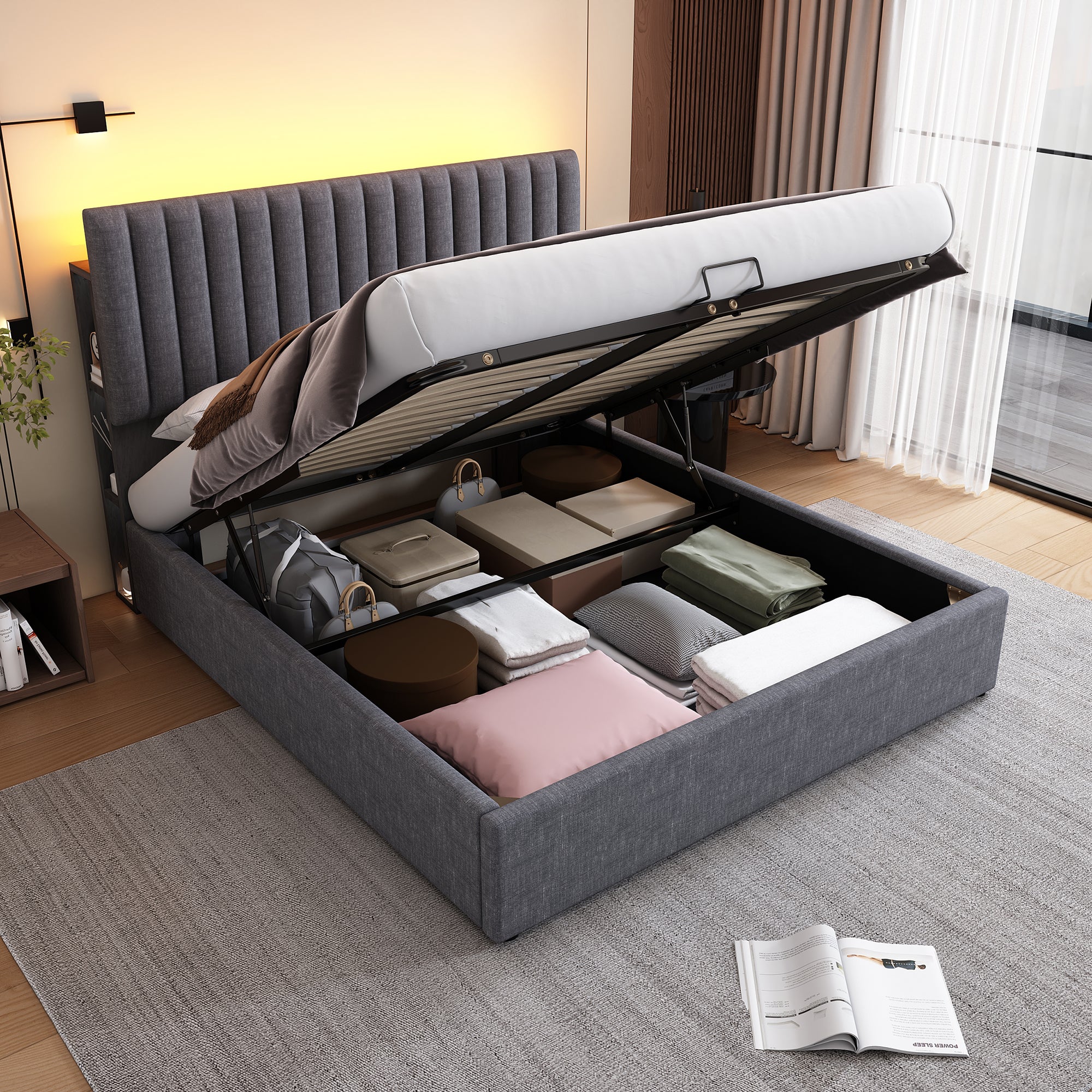 Lit 140×190, Tête de lit avec rangement, Port USB et éclairage LED, Lit coffre hydraulique, Lin, Gris, Convient aux adultes et aux adolescents. | Leroy Merlin