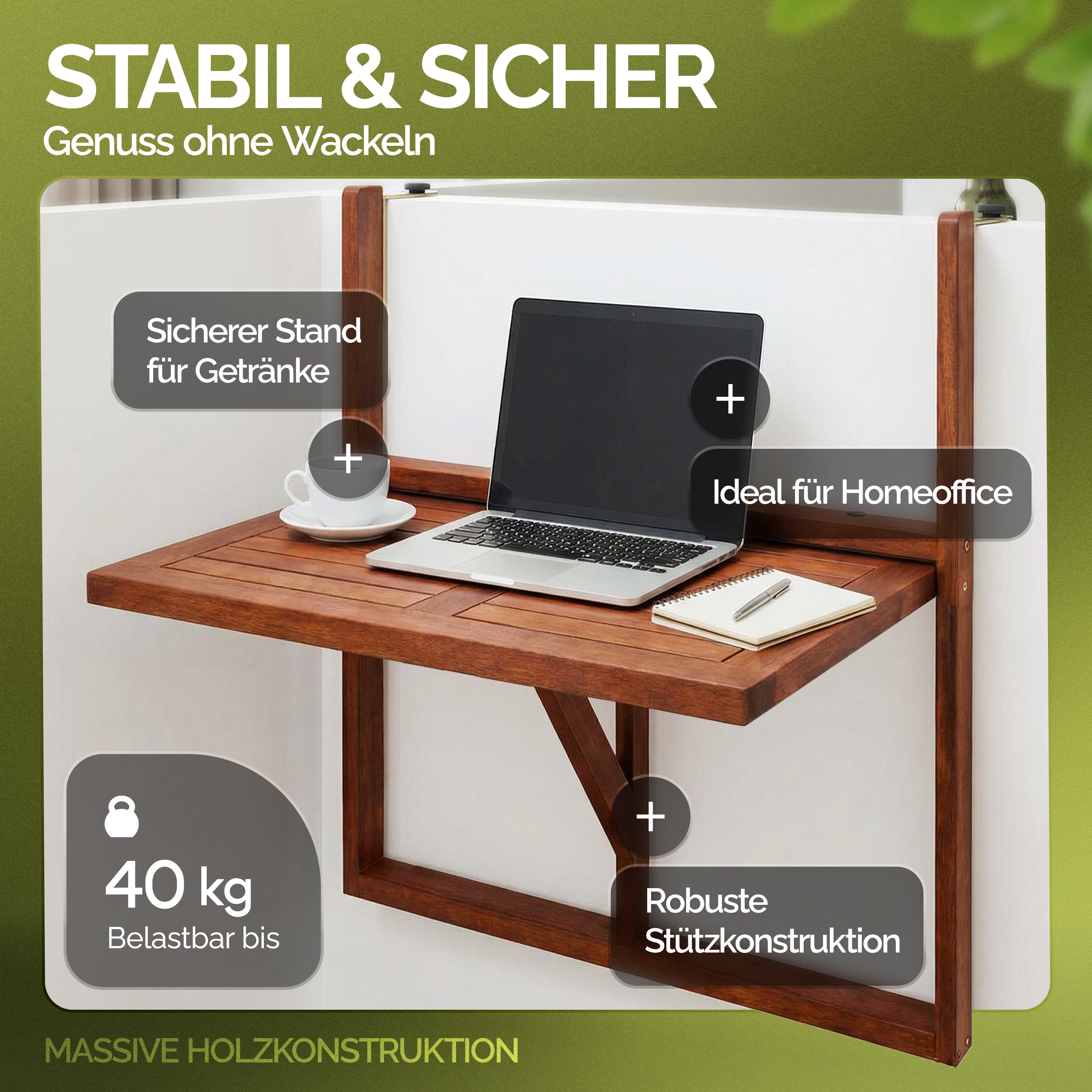 Table de balcon suspendue en bois d'acacia certifié FSC Table de balcon rabattable 64 x 45 x 87 cm balcon terrasse - 8