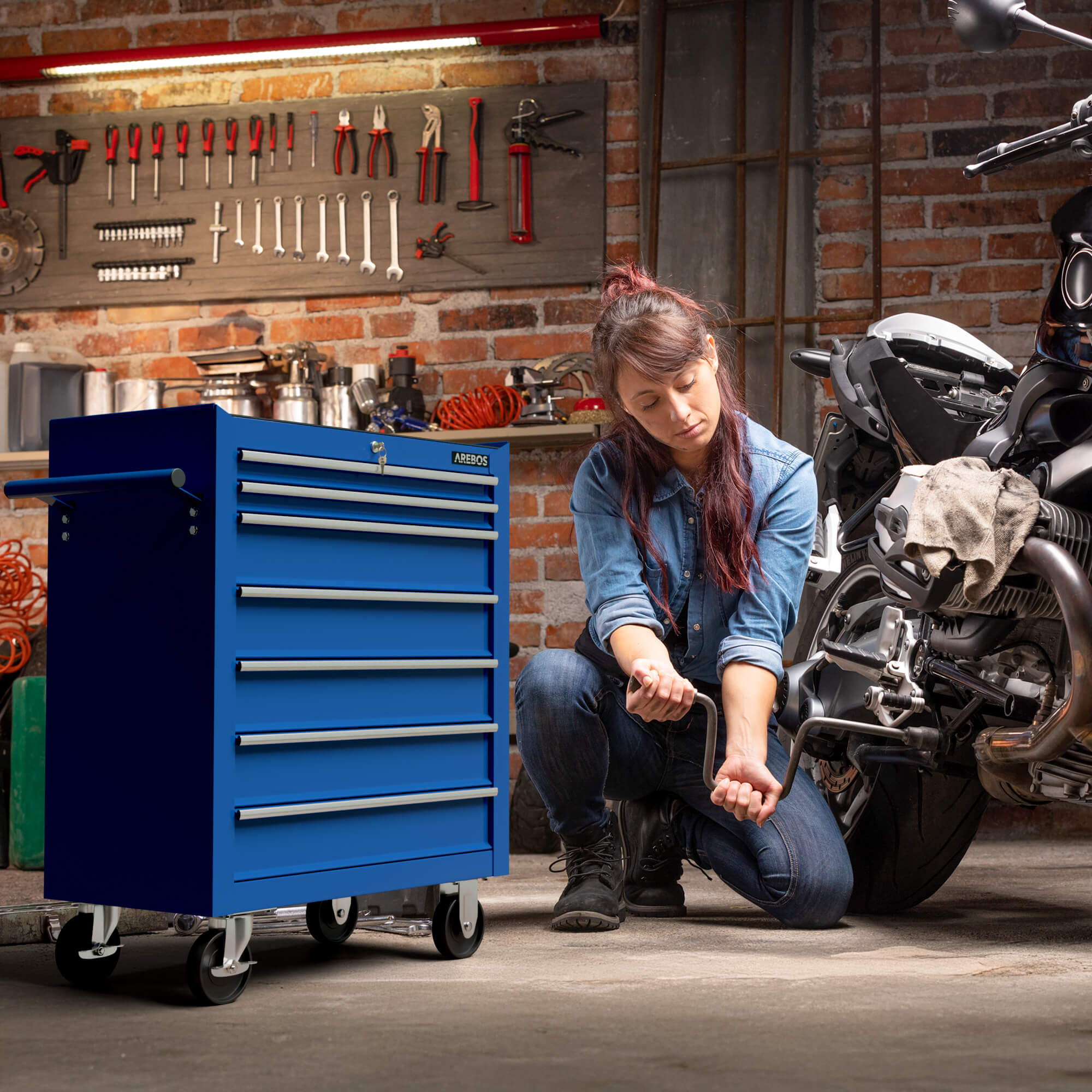 AREBOS Chariot d’atelier robuste avec 7 tiroirs, roues pivotantes et système de verrouillage central sécurisé - 2