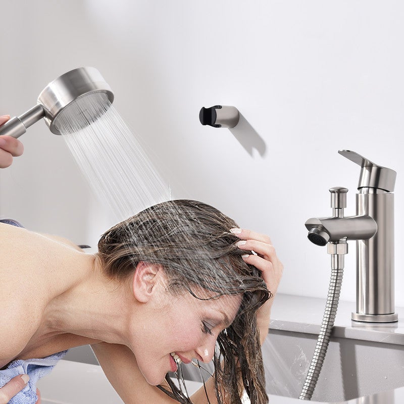 Mitigeur Salle de Bain Brossé Robinet de Douche avec Pommeau et Flexible Kit de Robinet Monotrou à Double Usage - 7