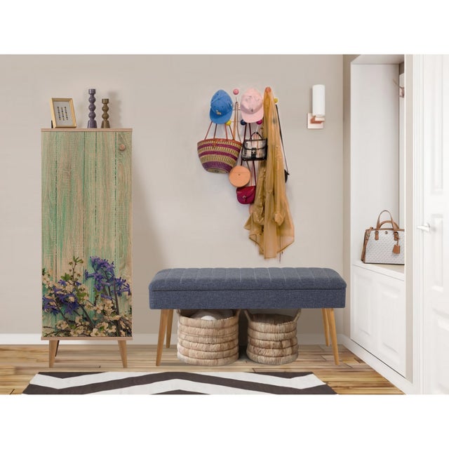 Elegante set di mobili da ingresso, rivestito in melaminico al 100%, gambe in legno, scarpiera (50x135x38 cm) e panca (105x50x40 cm), blu scuro e Sona
