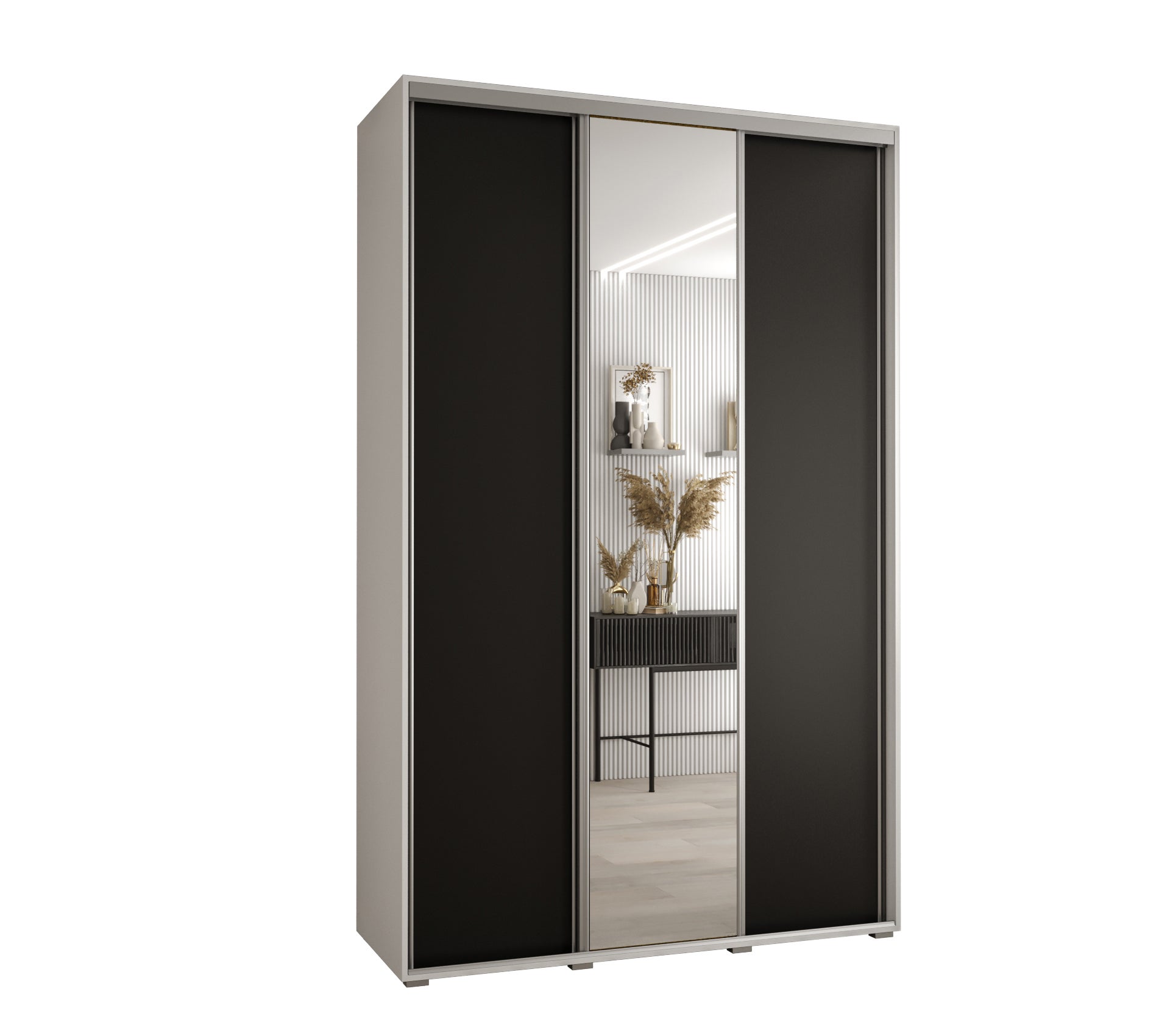 Szafa przesuwna z lustrem wysoka Davos 3 150 x 60 x 235,2 cm biały + czarny + u. srebrny - Abiks Meble
