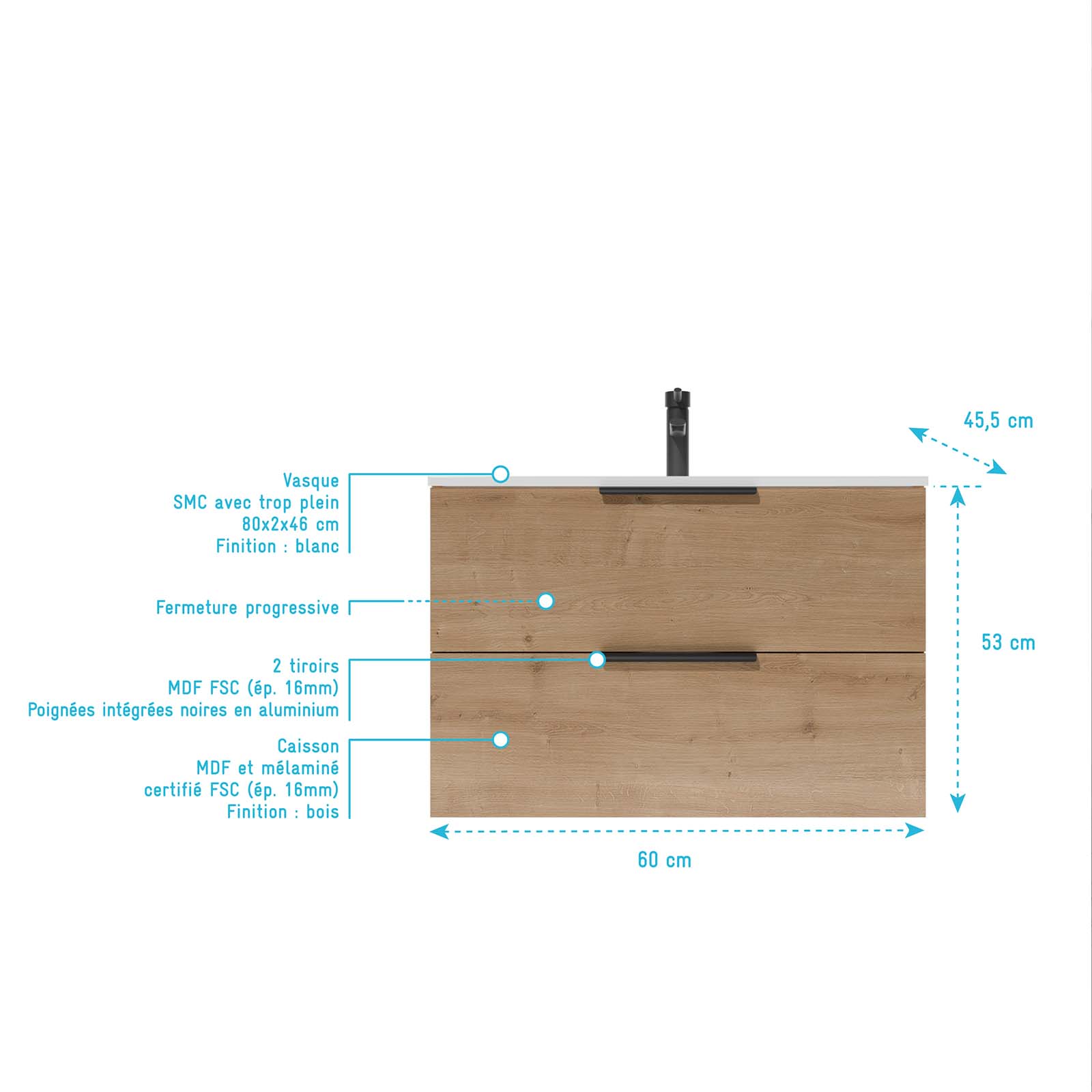 Meuble de Salle de Bains 60cm Suspendu Decor Bois Clair 2 Tiroirs - Vasque Blanche - ELEMENTARY - 4