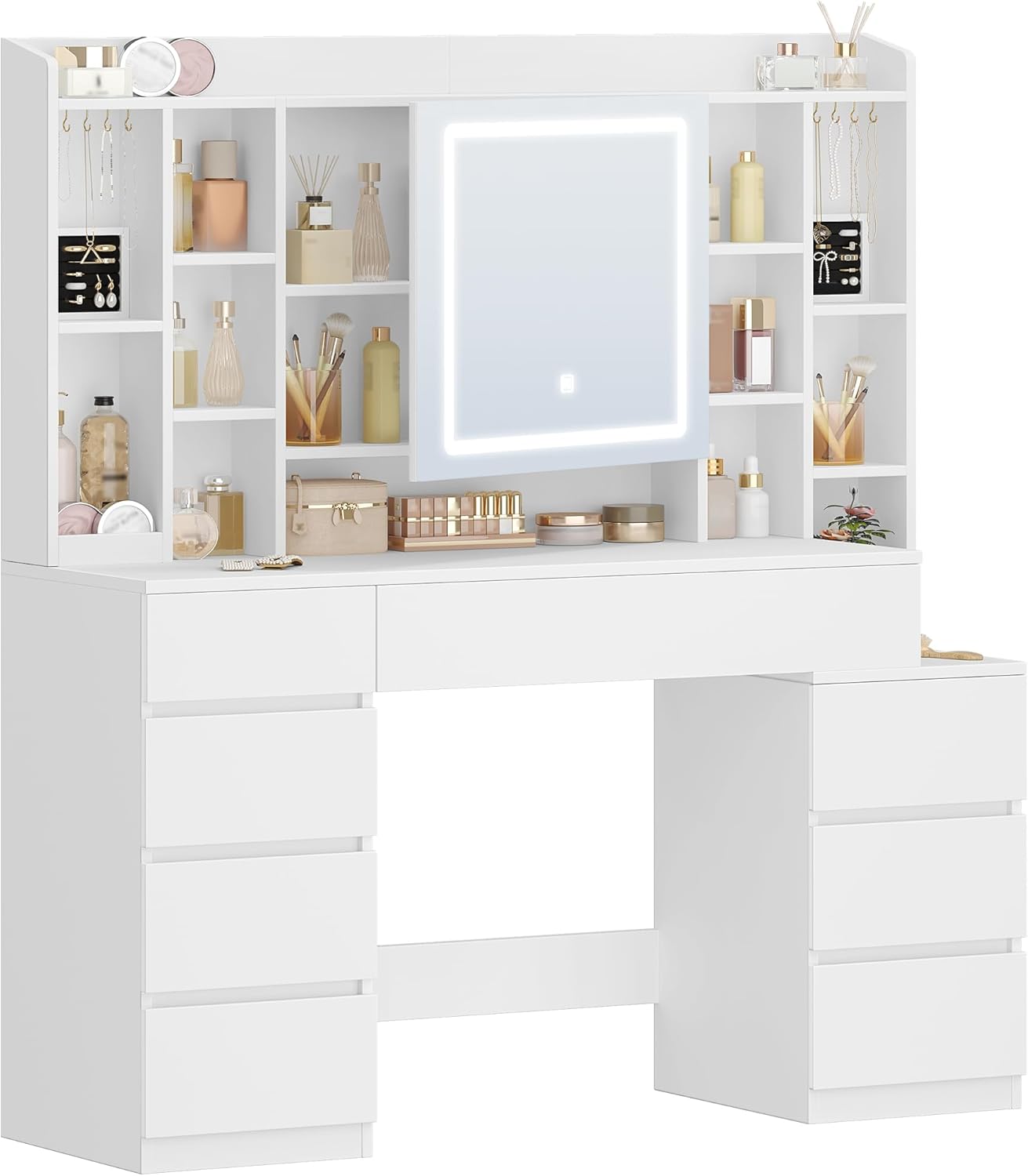Chaise Coiffeuse Panana Coiffeuse Avec Miroir Lumineux LED Avec 2 Tiroirs, Table De Maquillage Avec 4 étagères, Coiffeuse Pour Meubles De Chambre à Coucher, 90 X 40 X 136 Cm (WH-09 Bureau Coiffeuse