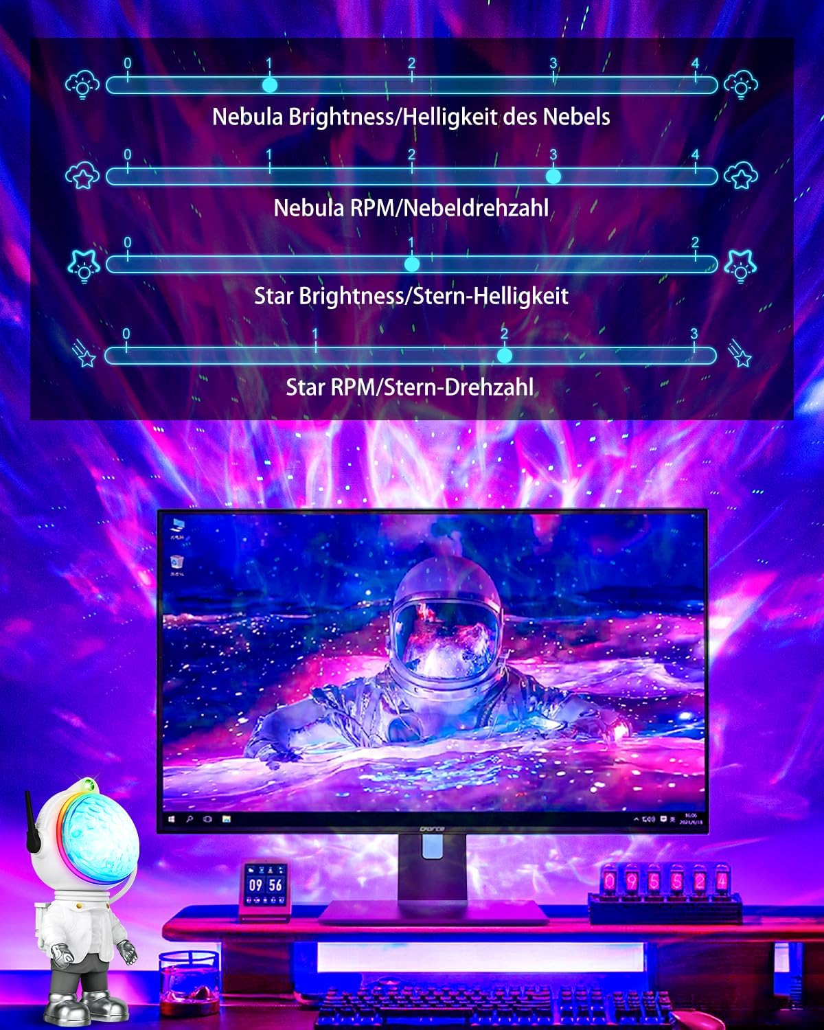 Altoparlanti Bluetooth wireless, luci d'atmosfera rotanti per astronauti, luci LED per proiezione domestica, cielo stellato, Natale, regali per feste - 5