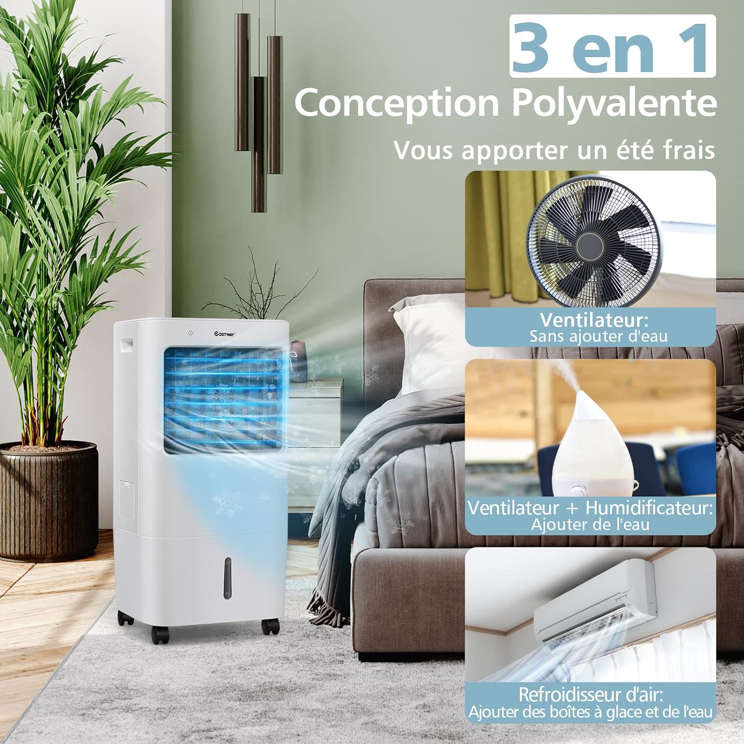 Rafraîchisseur d'Air Mobile 65W Réservoir 20L Ventilateur Humidificateur Oscillation 40° 3 Modes 4 Vitesses Minuterie 7,5H, 2 Glacières - 2