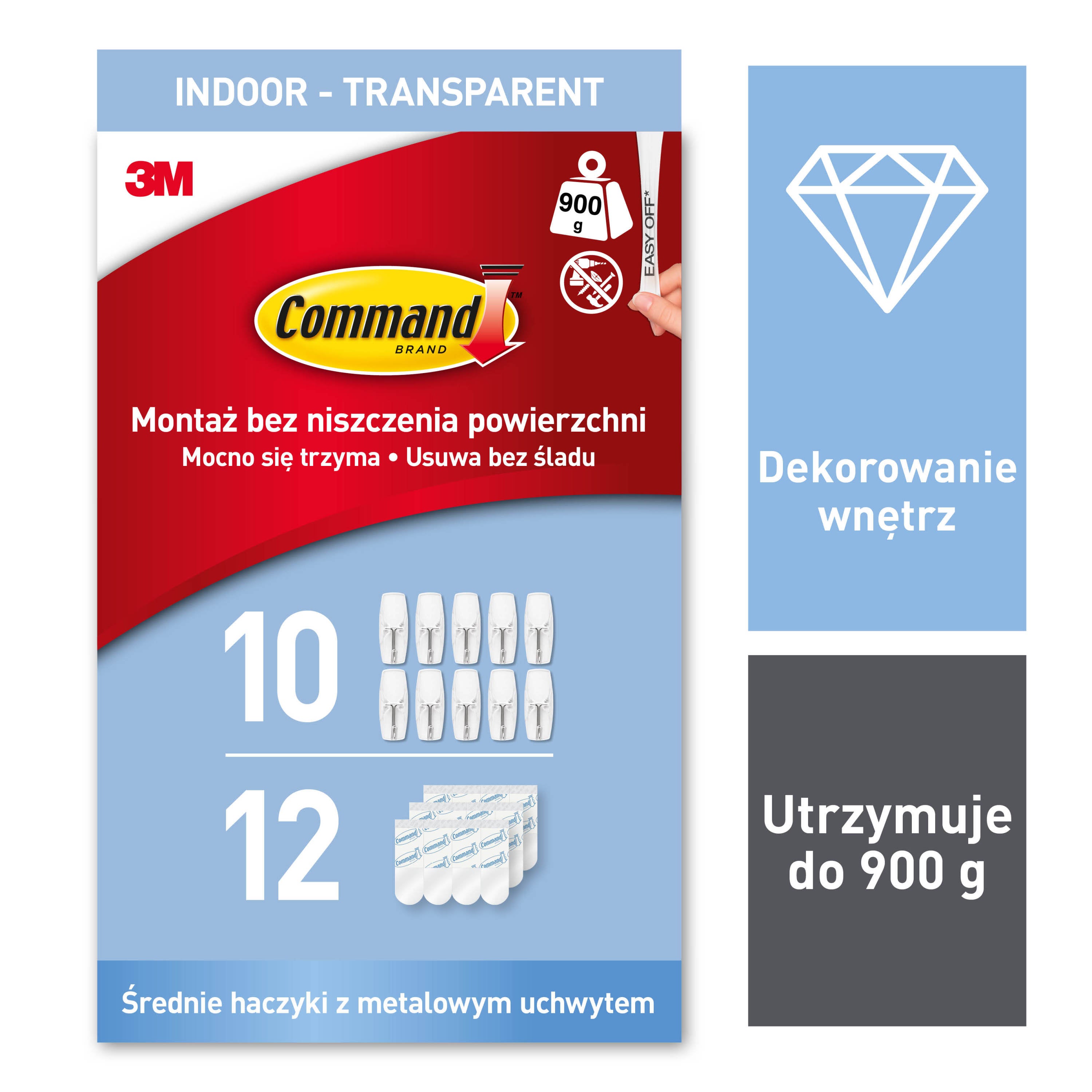 Przezroczysty średni haczyk 3M™ Command™ z metalowym uchwytem 10 haczyków 12 pasków