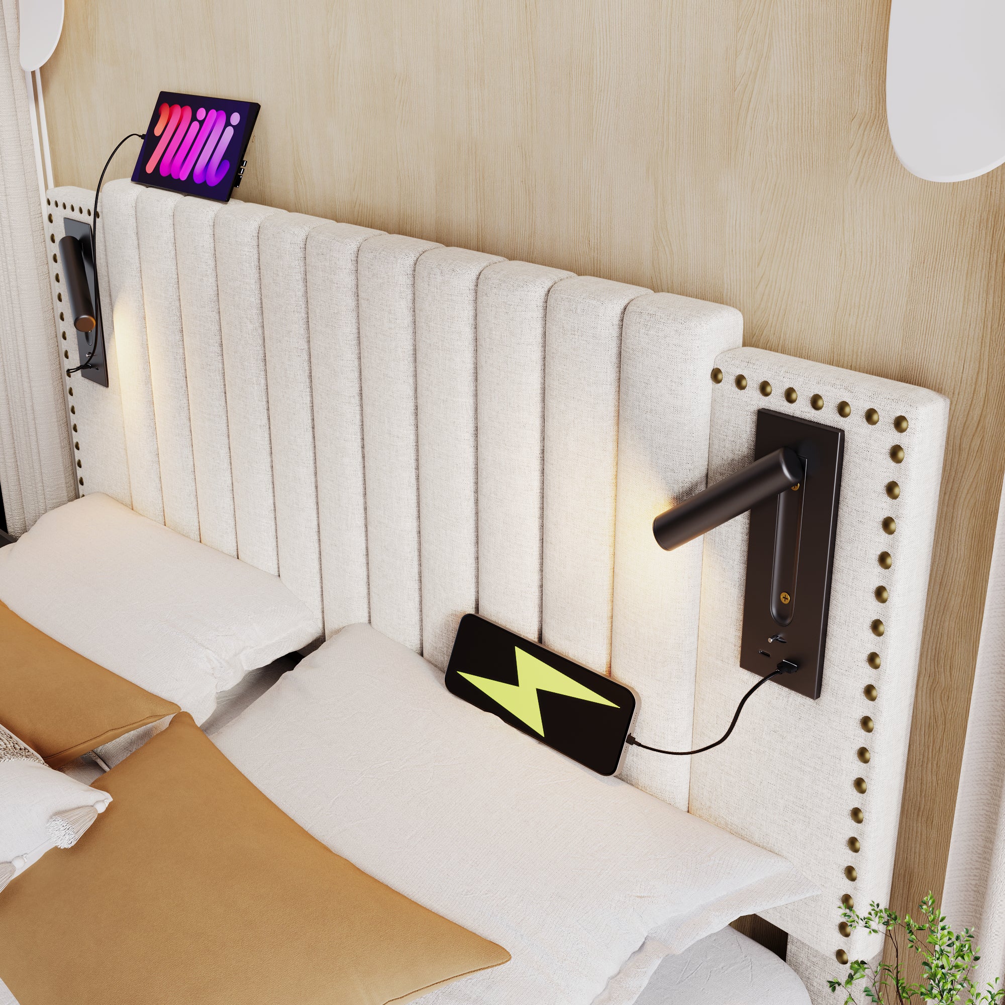 Cama contenedor de tela de algodón 160x200 cm - con luces de lectura y puertos de carga USB - con somier - Beige - 3