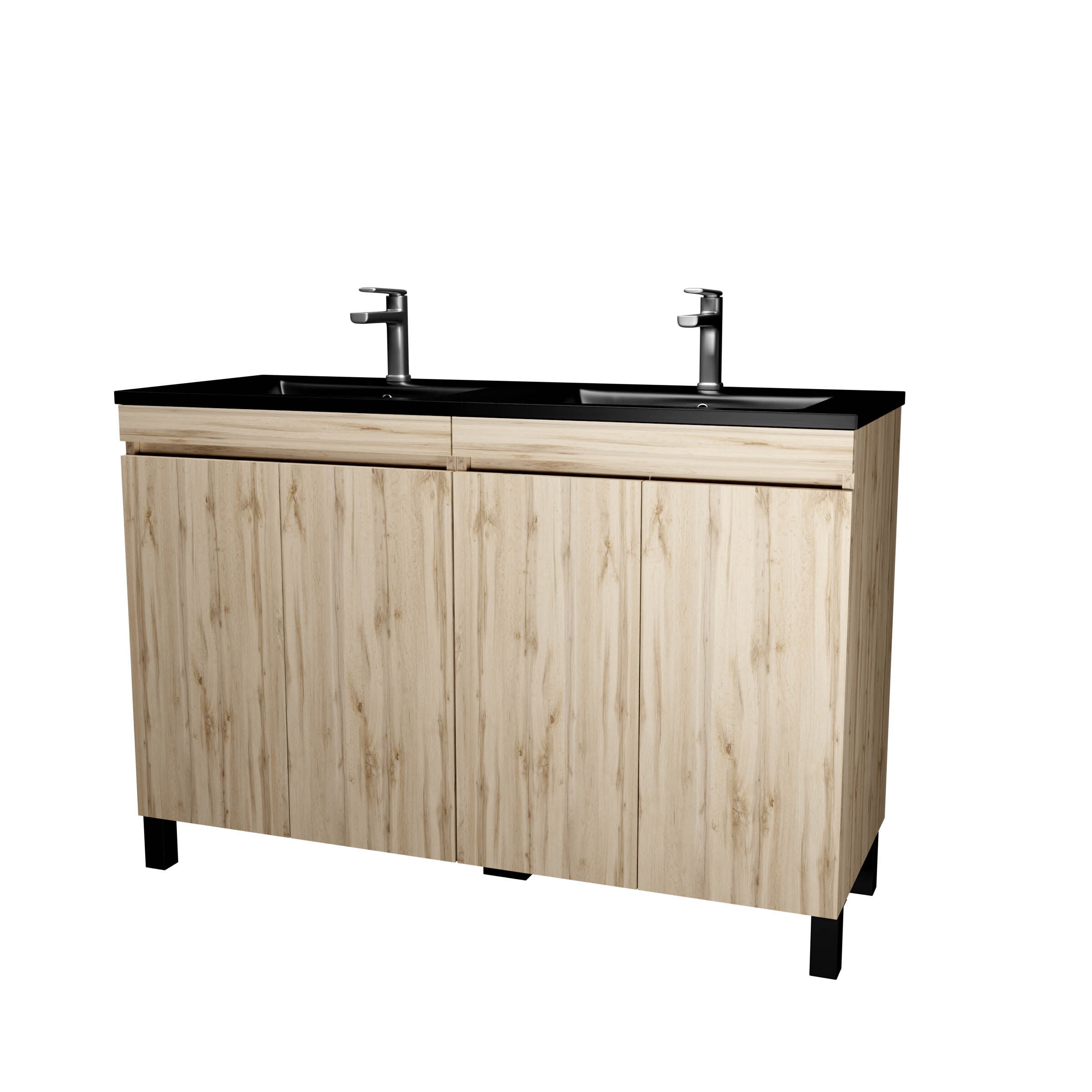 Meuble de salle de bains 120 cm 4 Portes Chêne Naturel + Vasque Double Céramique Noire - TIMBER - 3