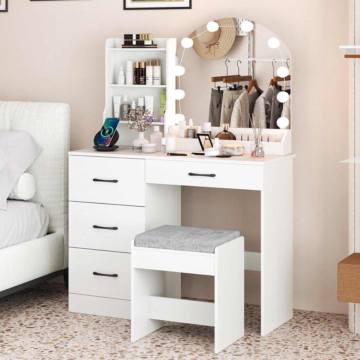 LIKIMIO Scrivania Toeletta Con Specchio LED E 4 Cassetti - Marrone Vintage - Set Con Sgabello E Supporto - 4