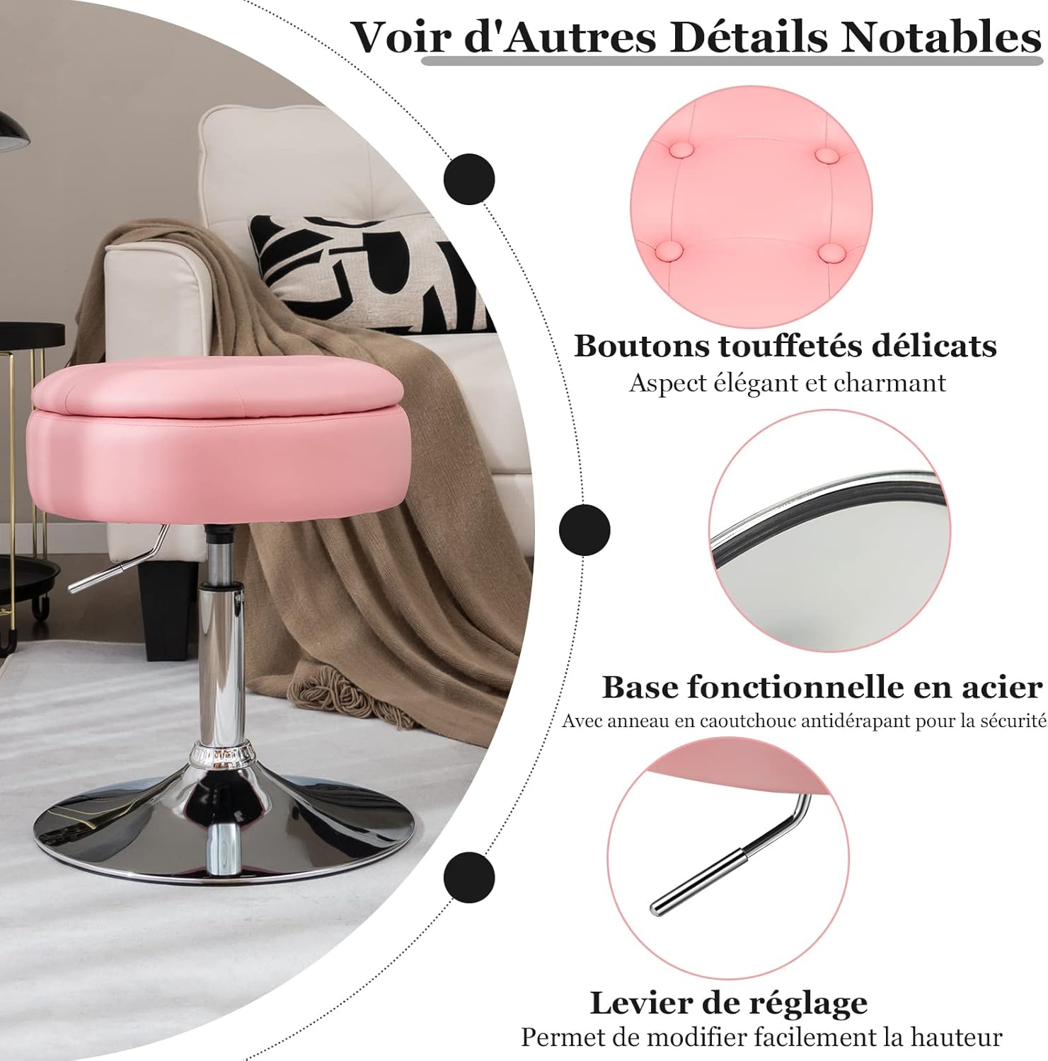 Taboret do Makijażu Obracany o 360°, Toaletki z Miejscem do Przechowywania, Wysokość Siedziska 51-66 cm, Okrągły, Nowoczesny (Różowy) - 7