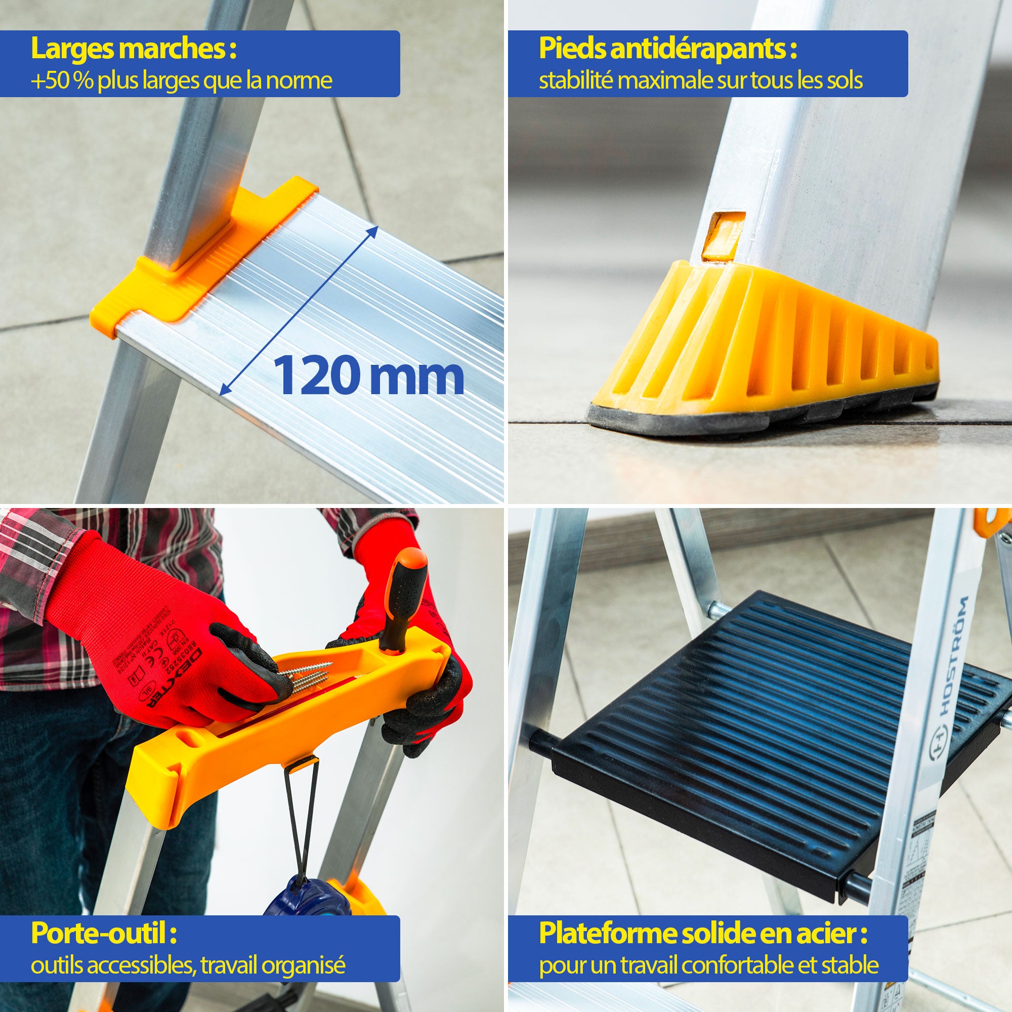 HOSTRÖM Escabeau 5 marches en aluminium, Marche pied pliable, Porte-Outils, Marches extra-large 12cm, Usage Domestique et Professionnel, Garantie 5ans - 3