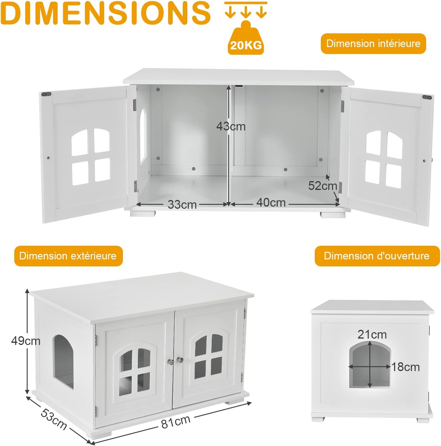 Caixa de areia para gatos, Caixa de areia para gatos com 2 portas, orifícios de ventilação, para sala de estar, quarto, 81 x 53 x 49 cm, branco - 7