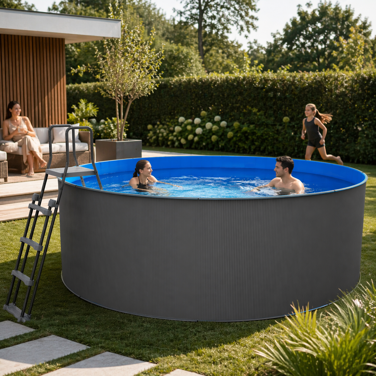 Piscina elevada redonda em aço antracite sem obras 460 x 120 cm - 6