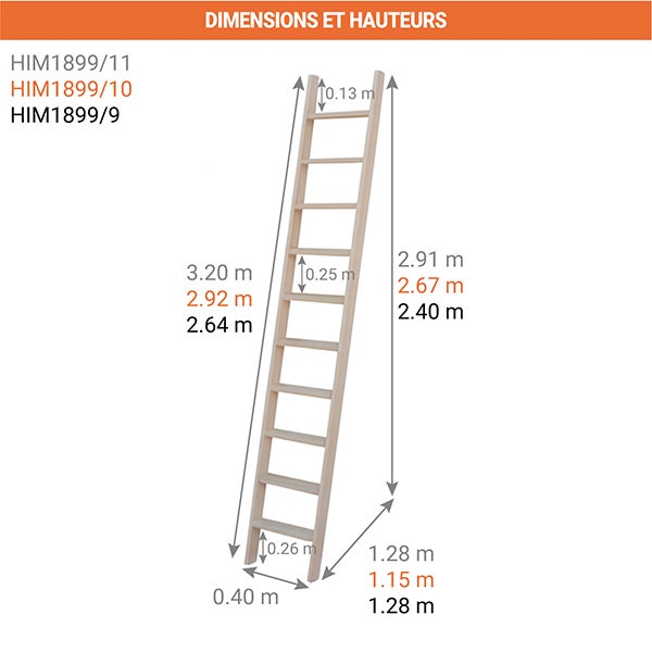 Echelle mezzanine en bois de longueur 2.64m pour atteindre 2.40m - HIM1899/9 - 2