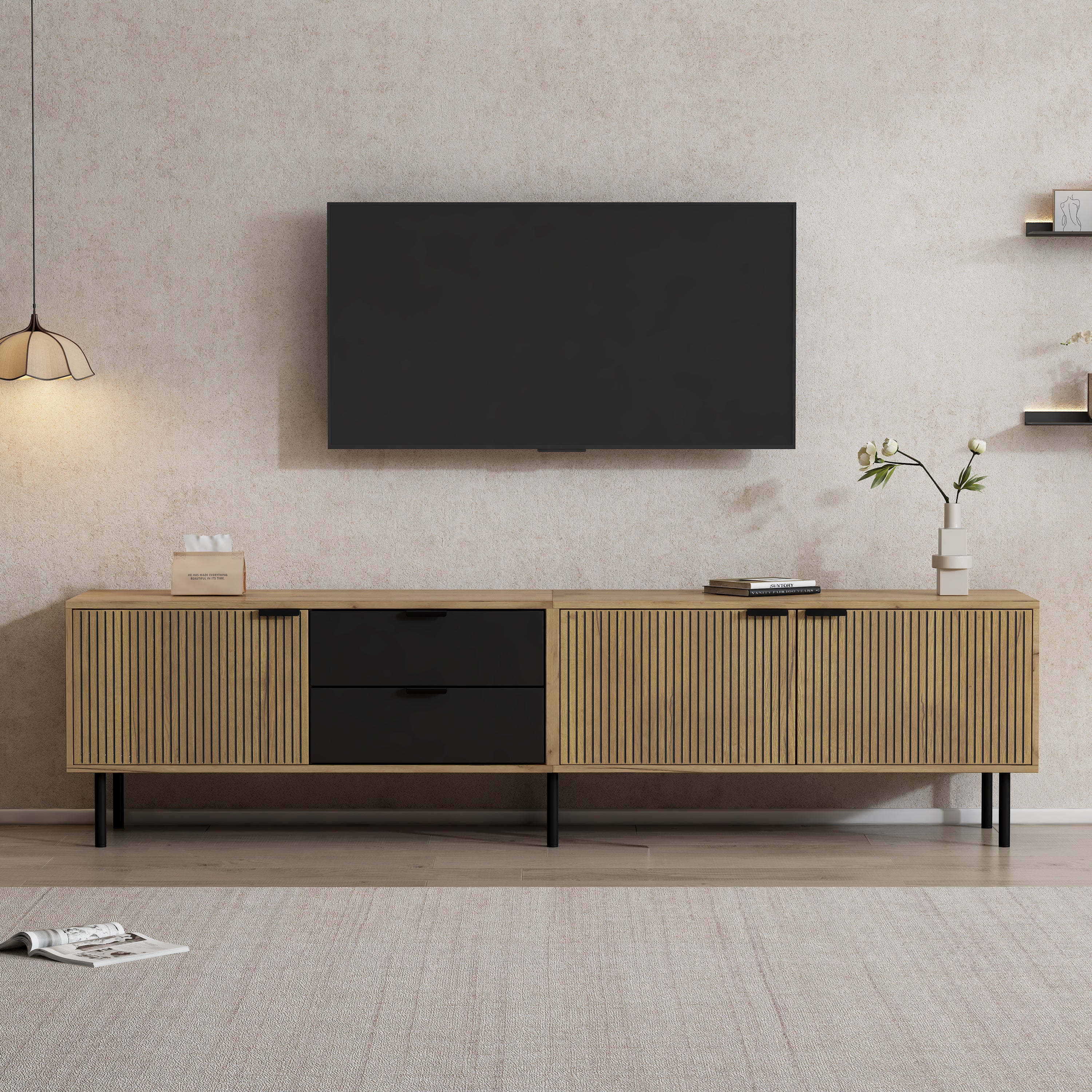 Stolik pod TV z 3 drzwiami i 2 szufladami - 208 x 40 x 48 cm - Płyta wiórowa i metalowe nogi - Kolor czarny z efektem drewna - 5