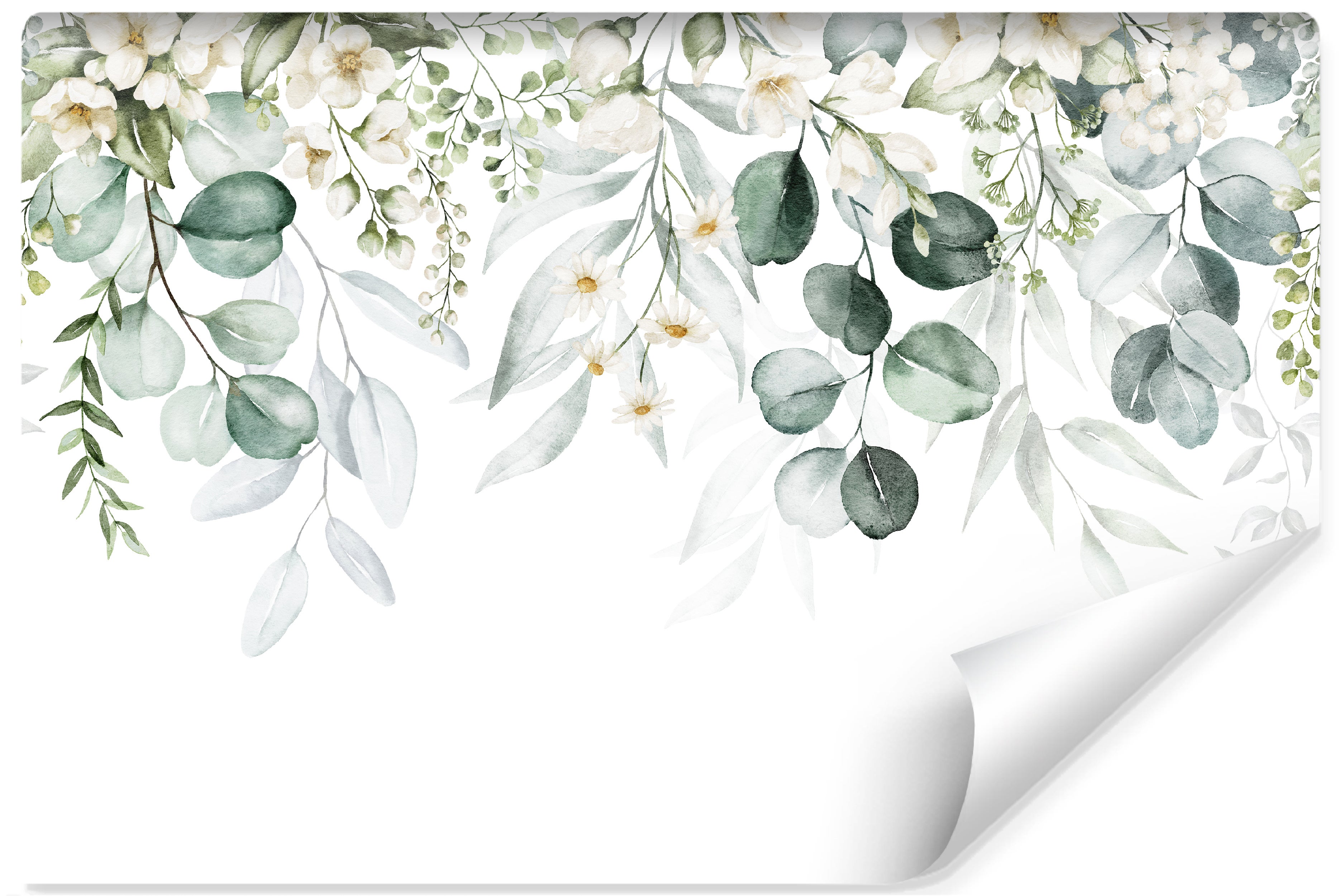 Papel pintado fotográfico no tejido para dormitorio flores hojas acuarela 300cm x 210cm