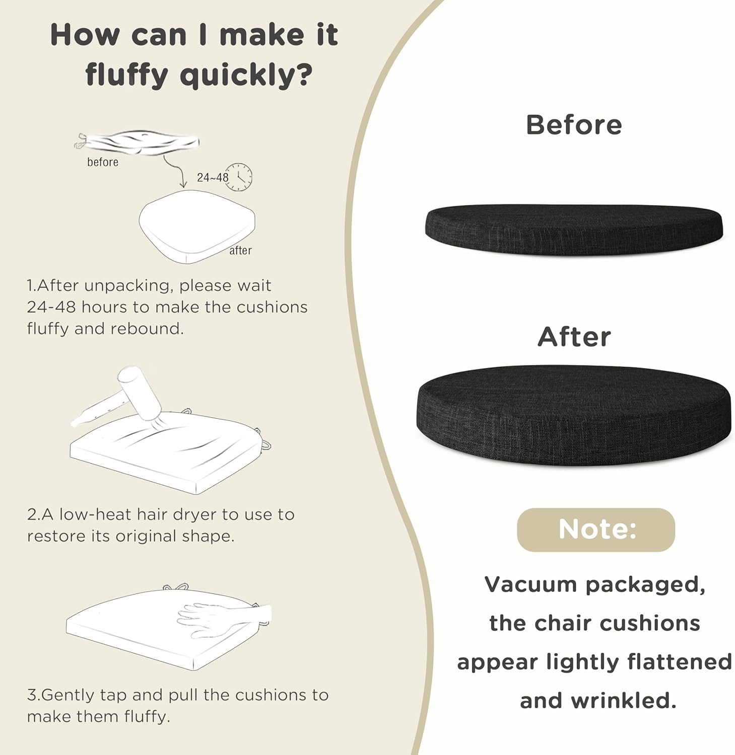 Lot de 1 coussin de chaise rond doux et épais pour chaises de salle à manger, cuisine, avec housse amovible, antidérapant (40,6 cm, noir) - 5