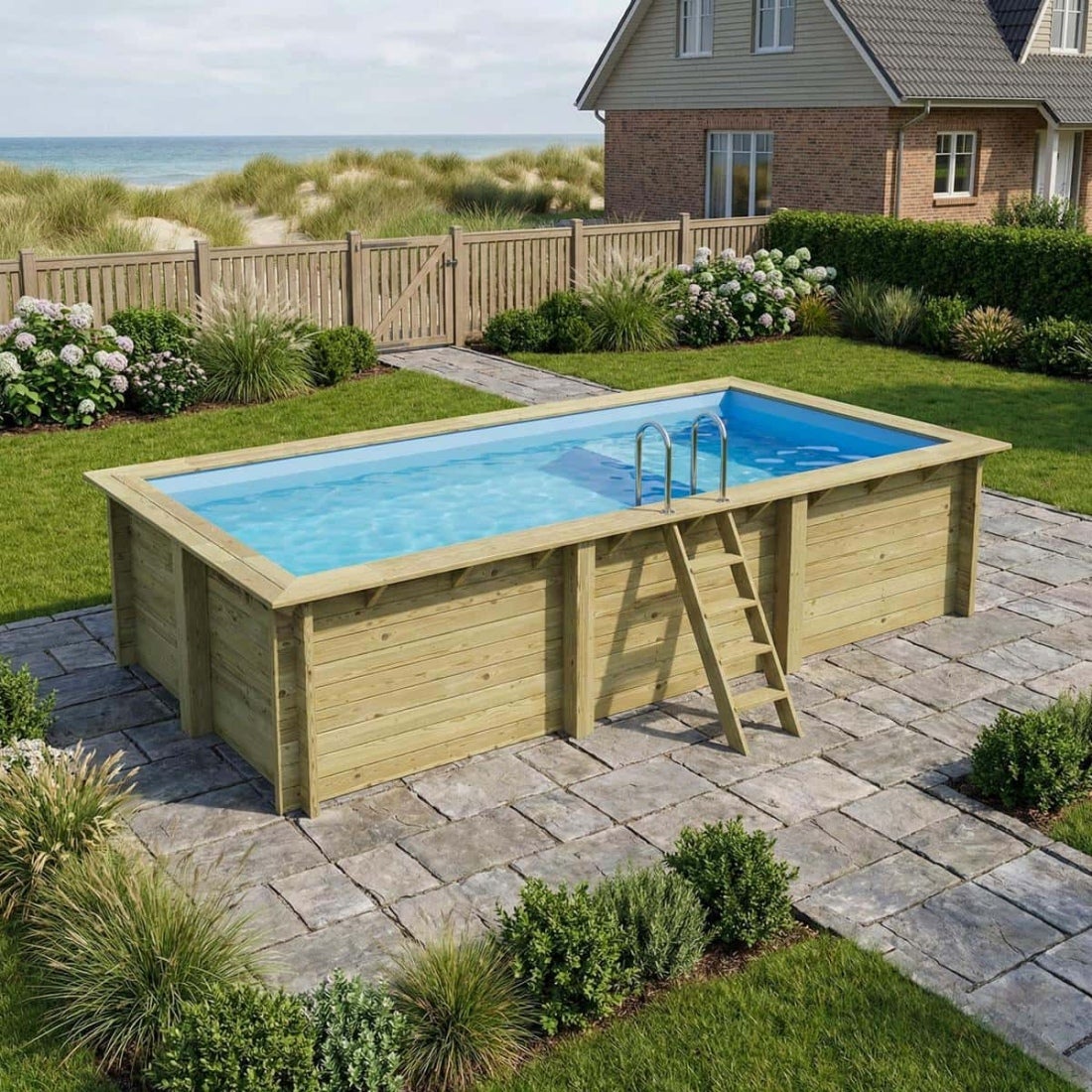 Piscină supraterană din lemn AQUA 6,1 x 2,85 - H. 1,31 m cu terasă, albastru deschis, cadru metalic - fără placă de bază - BAS7307OSPU+PLA307